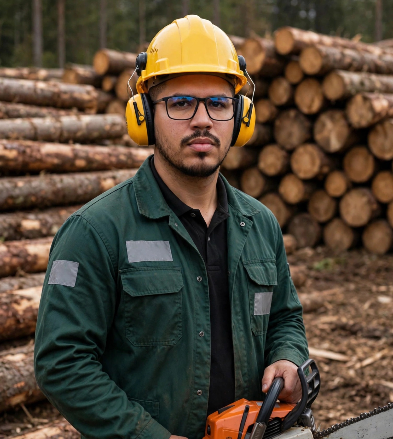 Julio Junior operador de motosserra, uniforme verde com capacete amarelo e protetores auriculares, troncos empilhados ao fundo