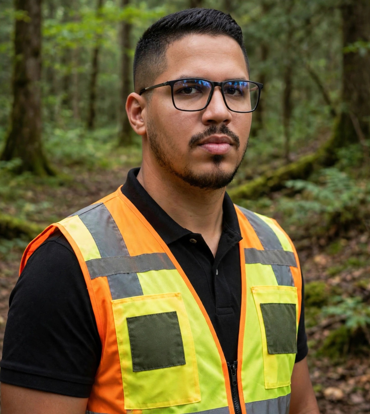 Julio Junior fiscal ambiental, colete refletivo laranja e amarelo sobre camisa preta, reserva florestal ao fundo