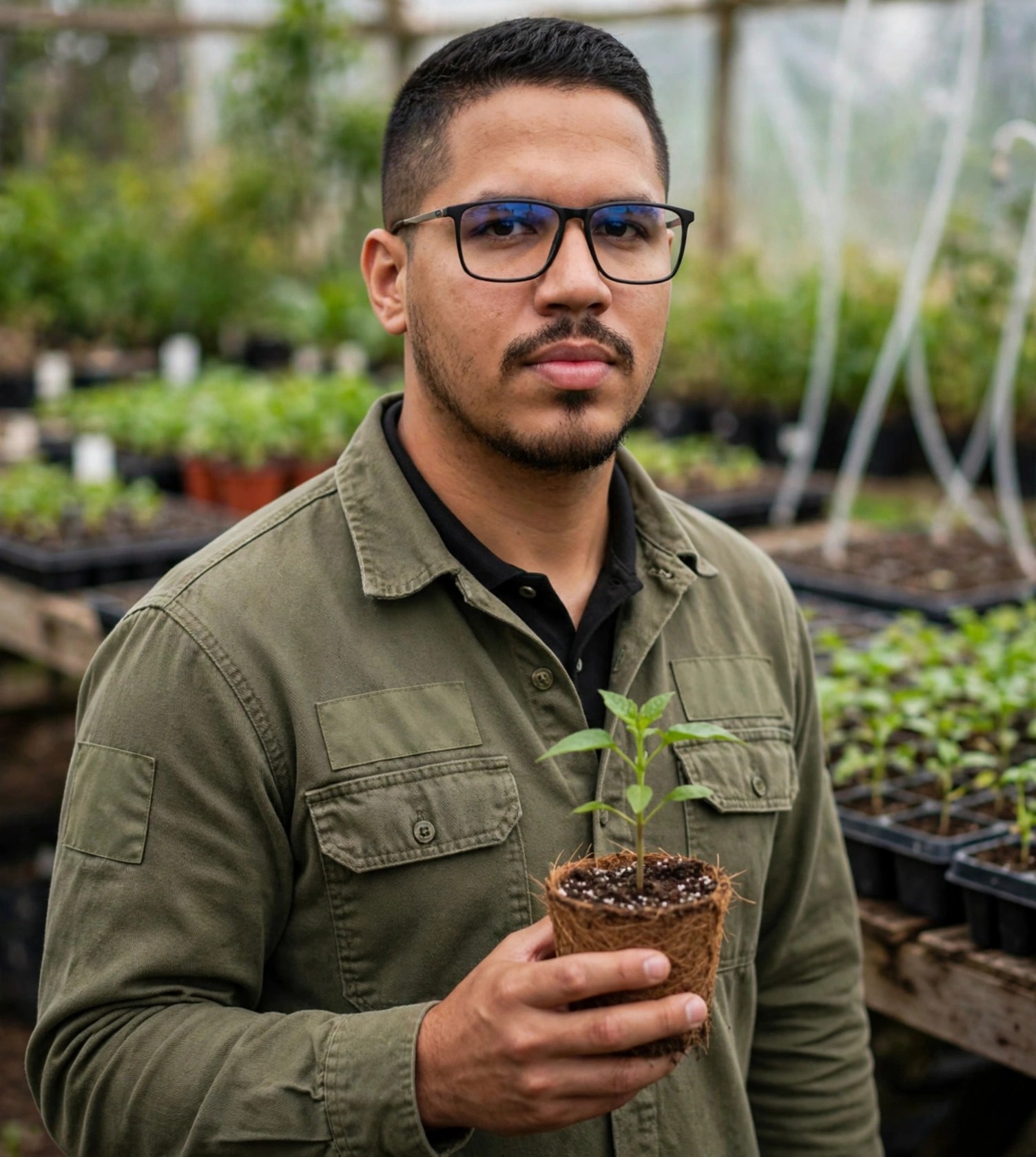 Julio Junior plantador de mudas, camisa de campo verde-oliva segurando muda em vaso, viveiro ao fundo
