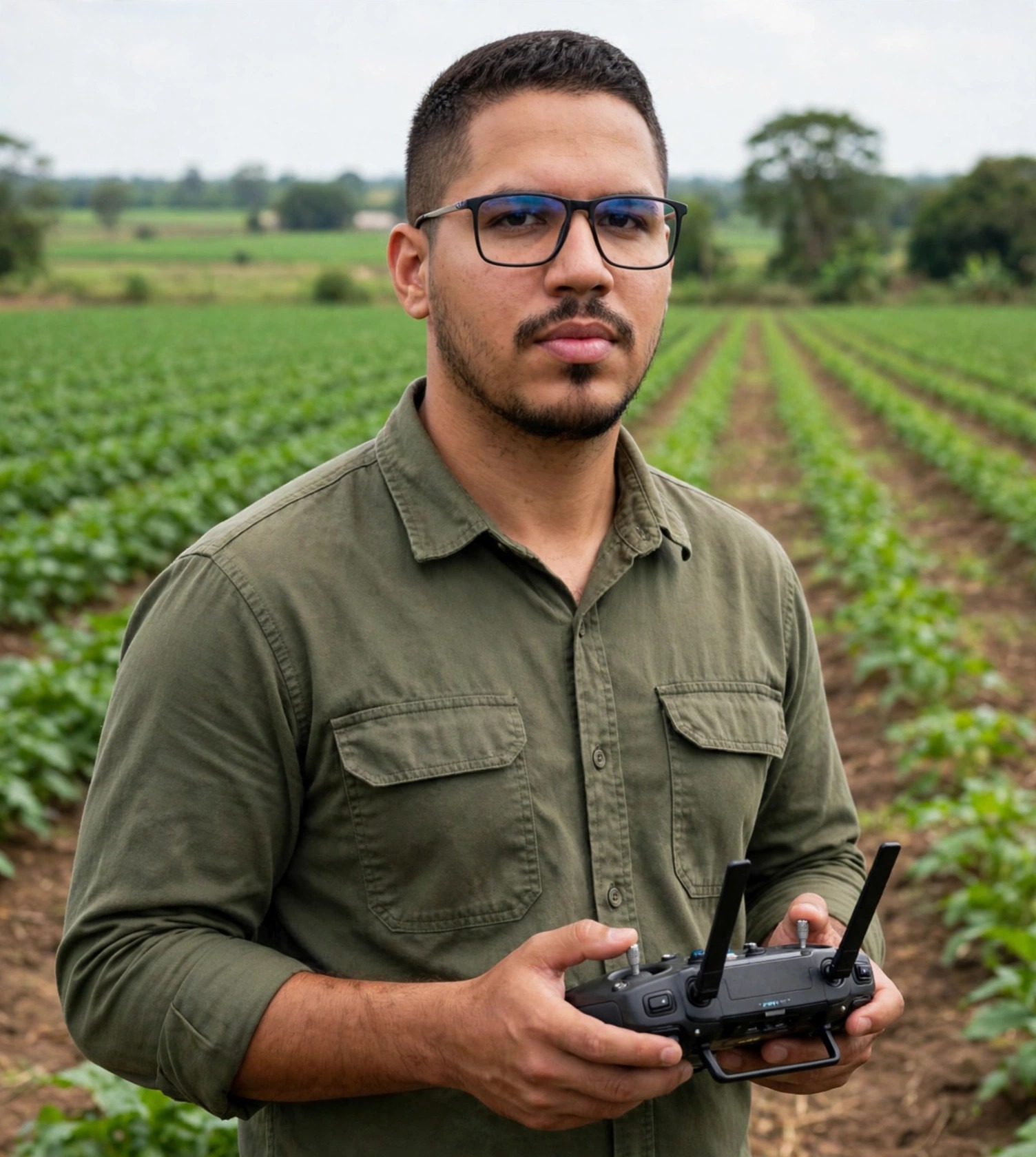 Julio Junior operador de drone agrícola, camisa de campo verde segurando controle de drone, plantação ao fundo