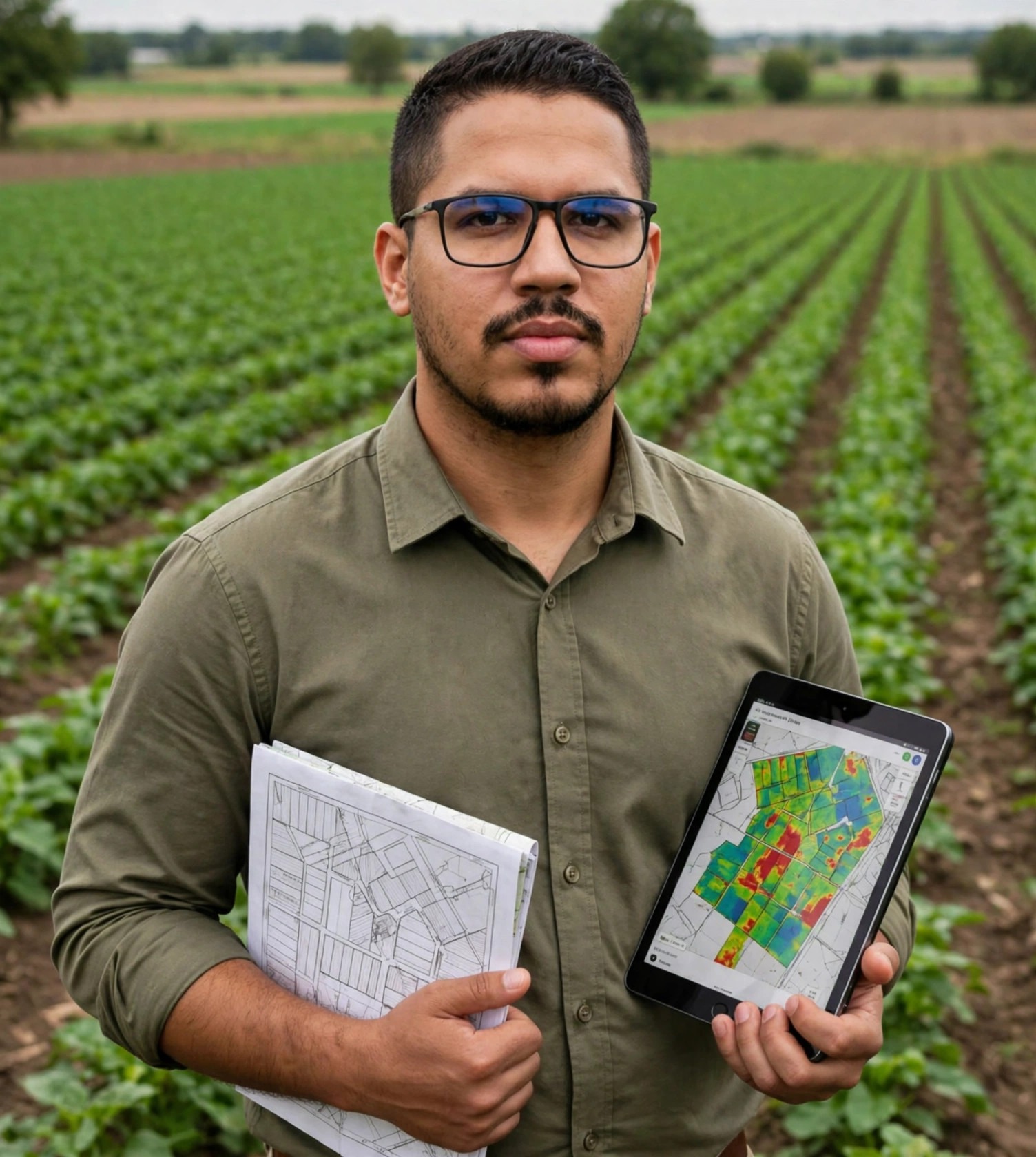 Julio Junior agrônomo de precisão, camisa de campo verde com tablet e mapa de talhões, lavoura ao fundo