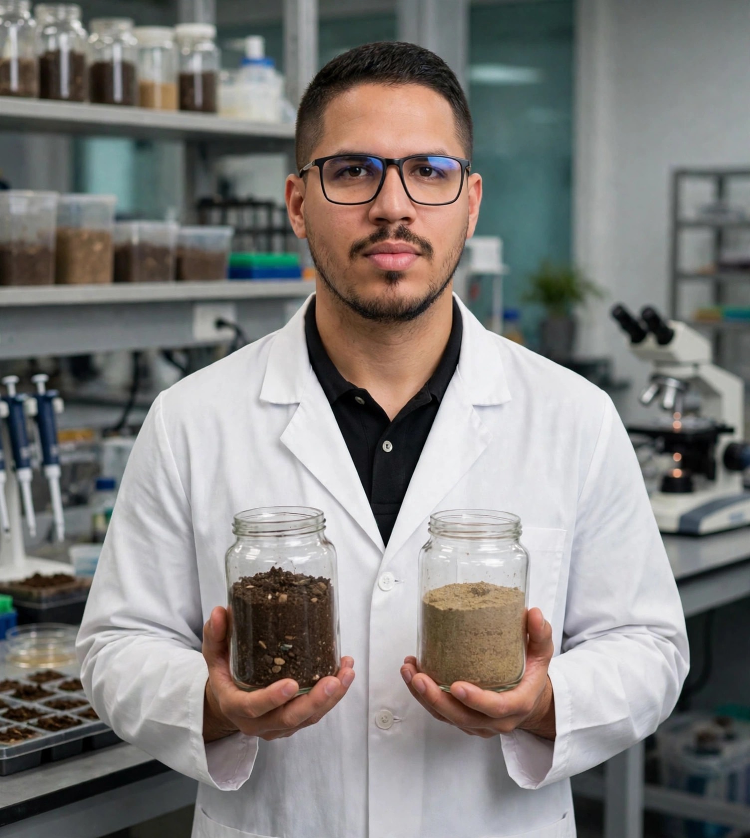 Julio Junior analista de solo, jaleco branco segurando potes com amostras de terra, laboratório de solos ao fundo