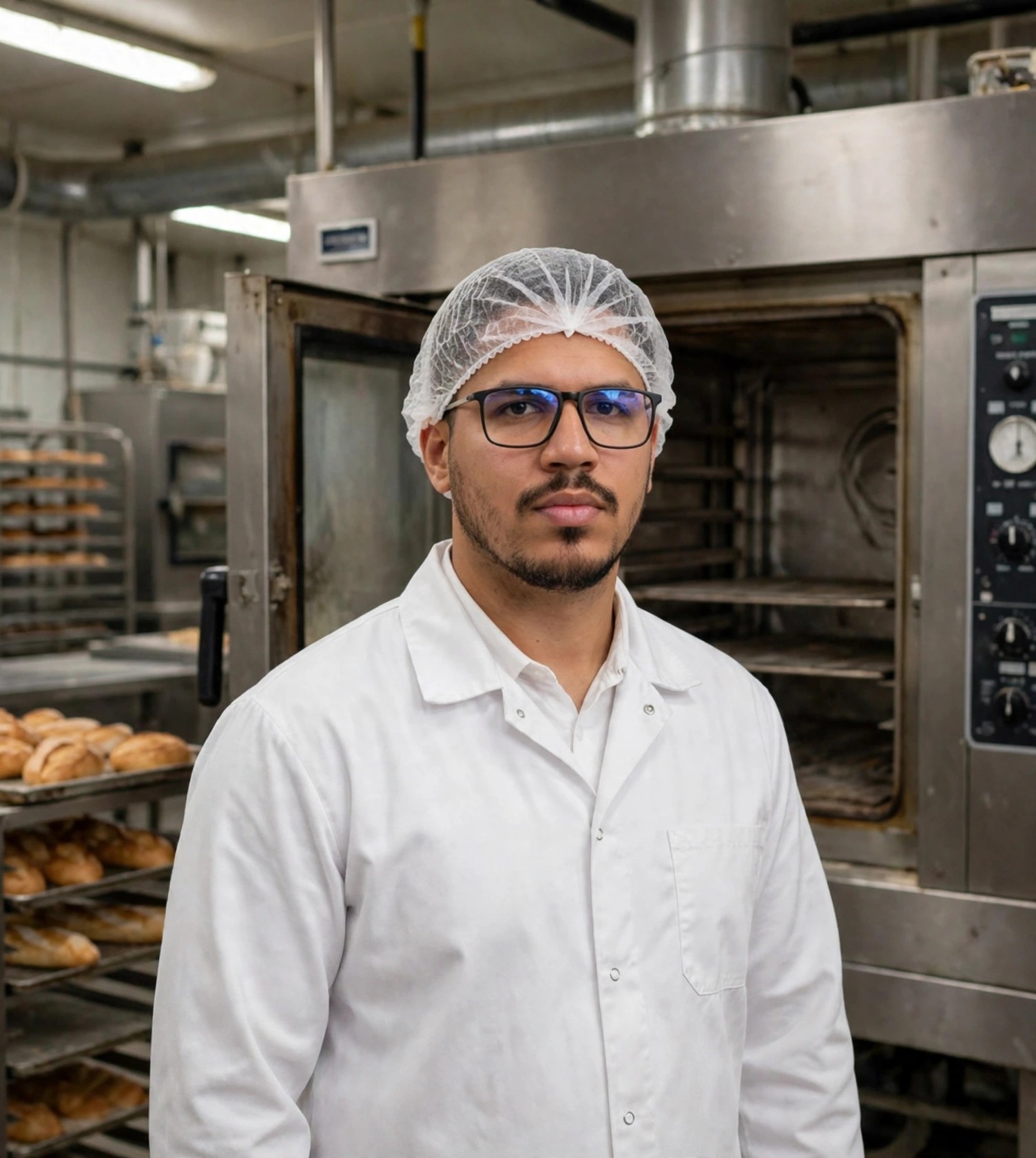 Julio Junior técnico de panificação industrial, uniforme branco com touca, forno industrial ao fundo