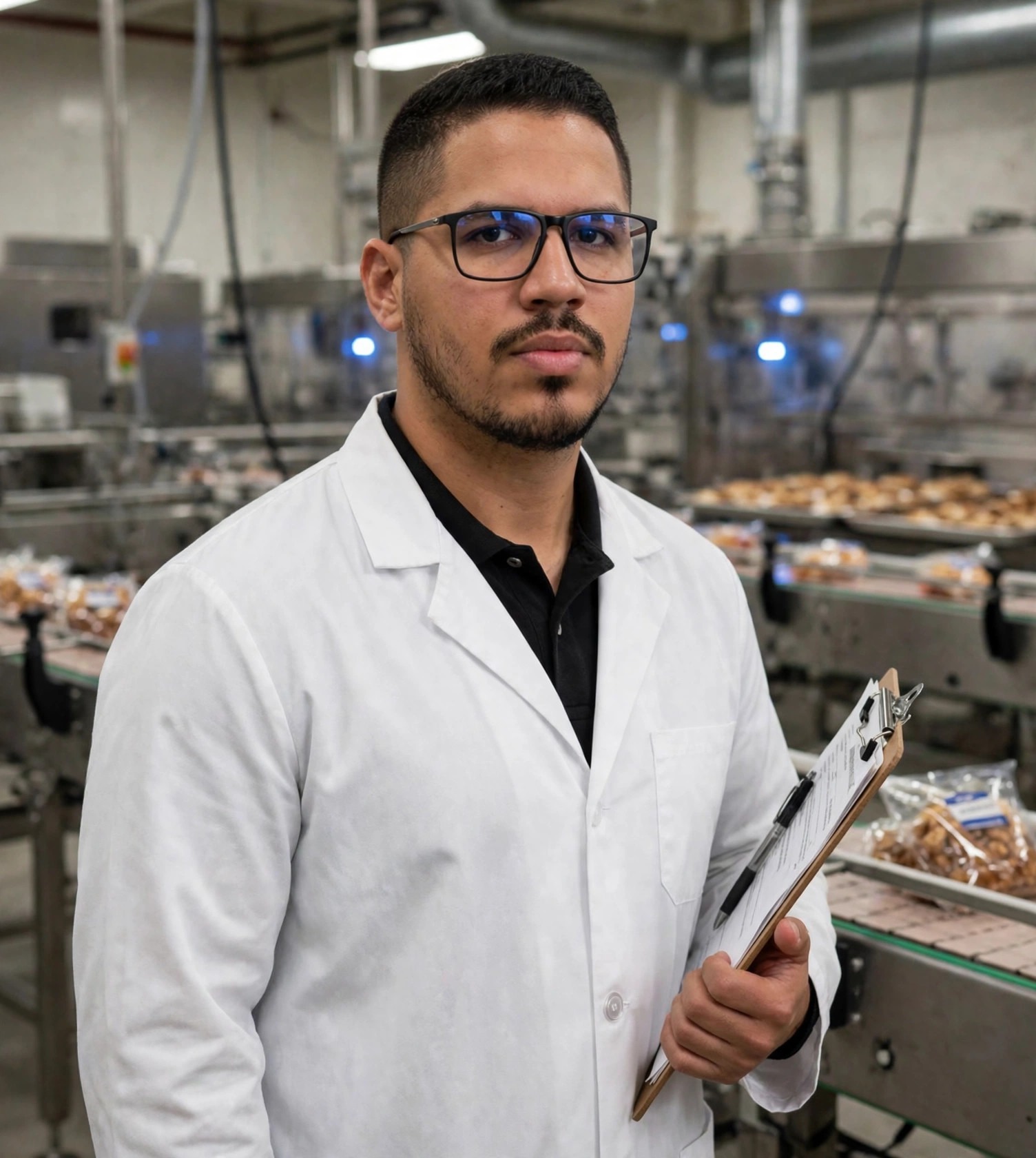 Julio Junior inspetor de qualidade de alimentos, jaleco branco com prancheta, linha de produção ao fundo