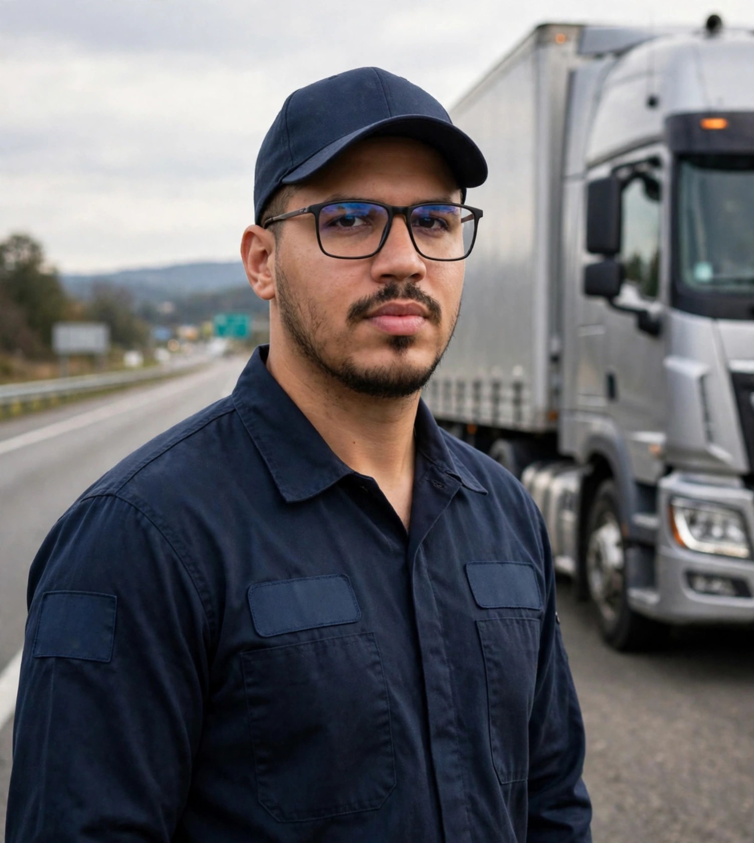 Julio Junior motorista de caminhão, uniforme azul com boné, caminhão ao fundo
