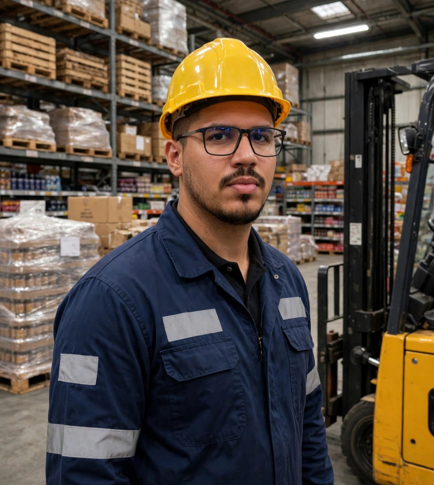 Julio Junior operador de empilhadeira, uniforme azul com capacete amarelo, armazém ao fundo