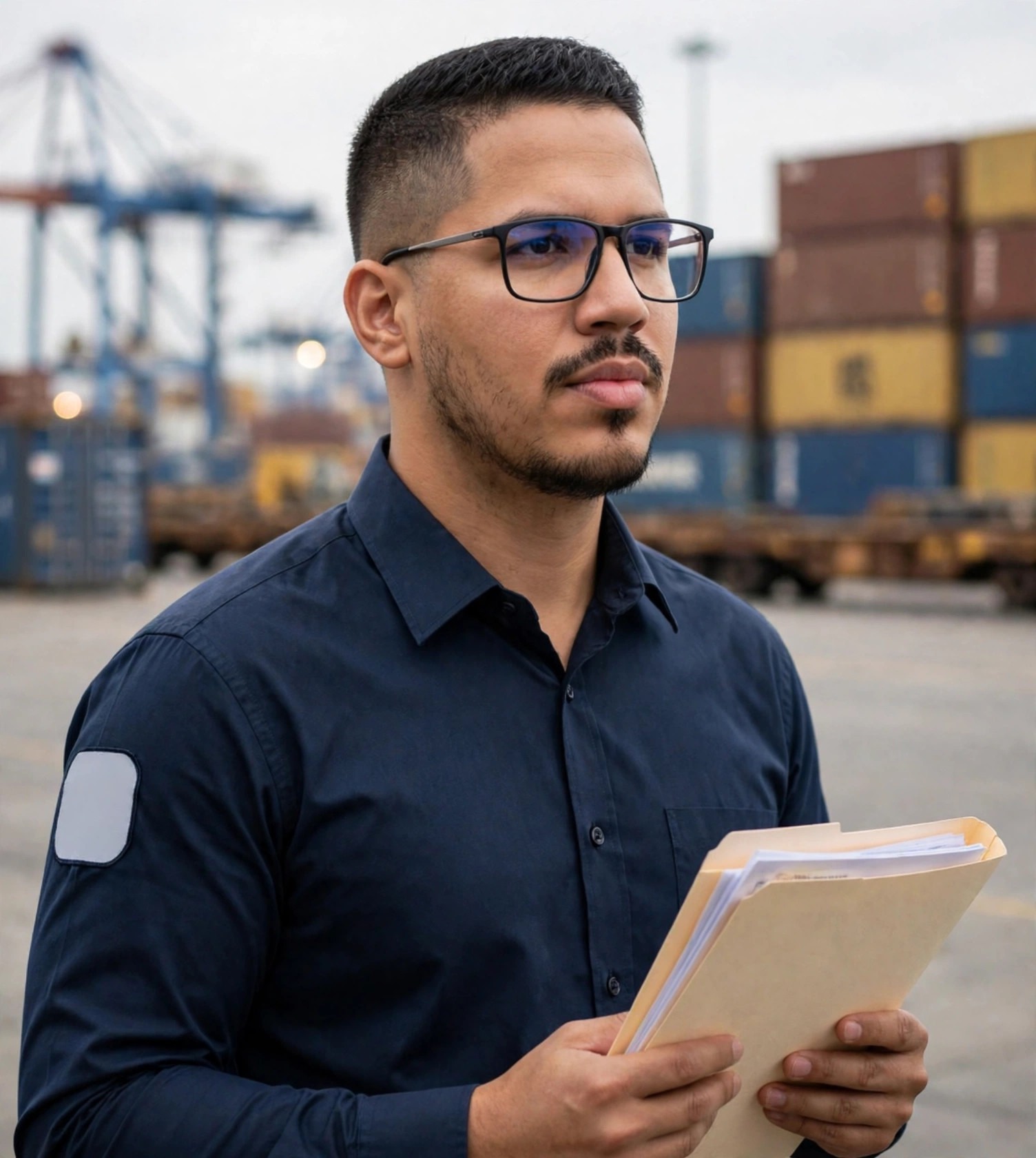 Julio Junior despachante aduaneiro, camisa social com documentos, terminal de cargas ao fundo