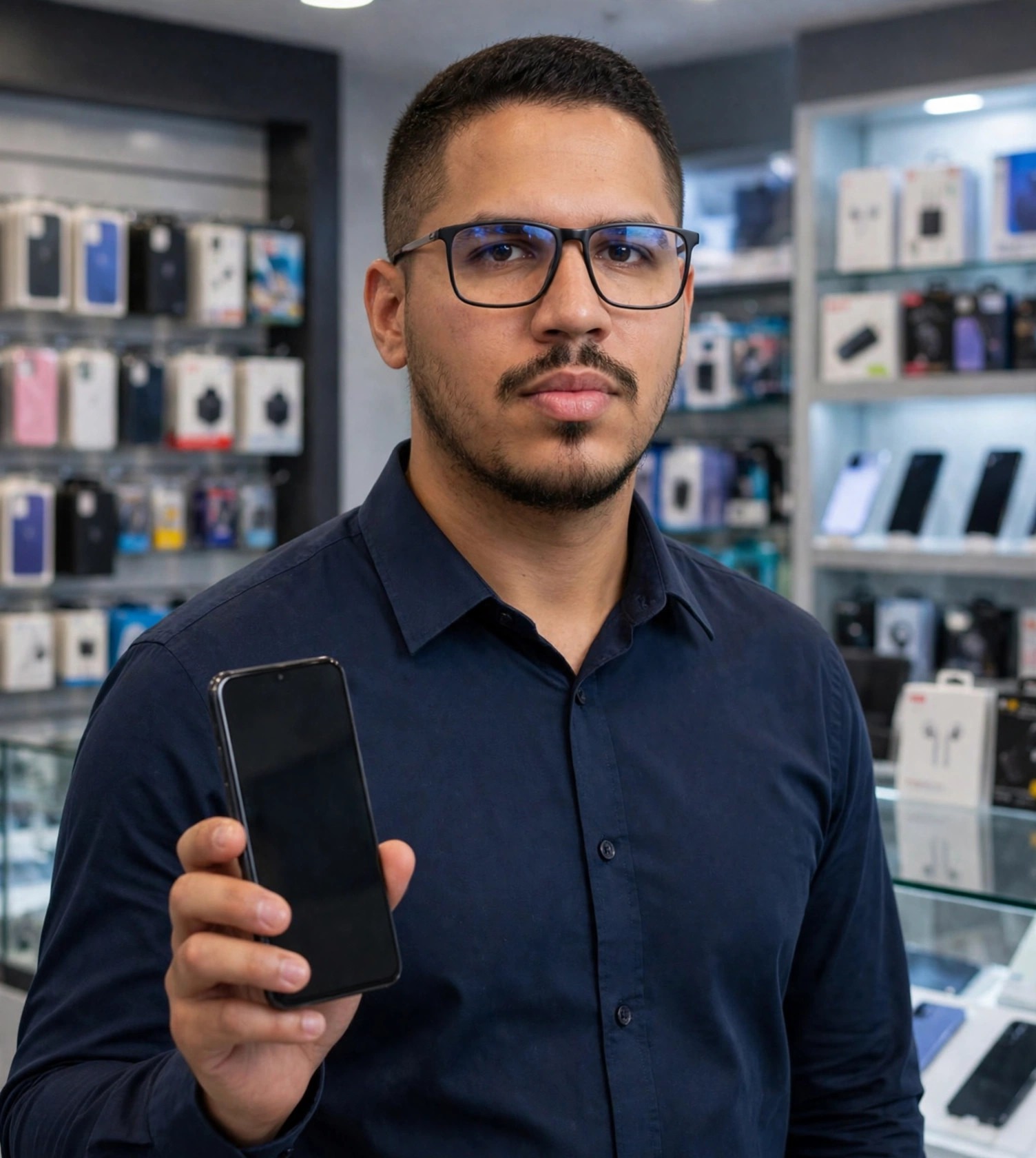 Julio Junior vendedor de eletrônicos, camisa social escura com celular, loja de eletrônicos ao fundo