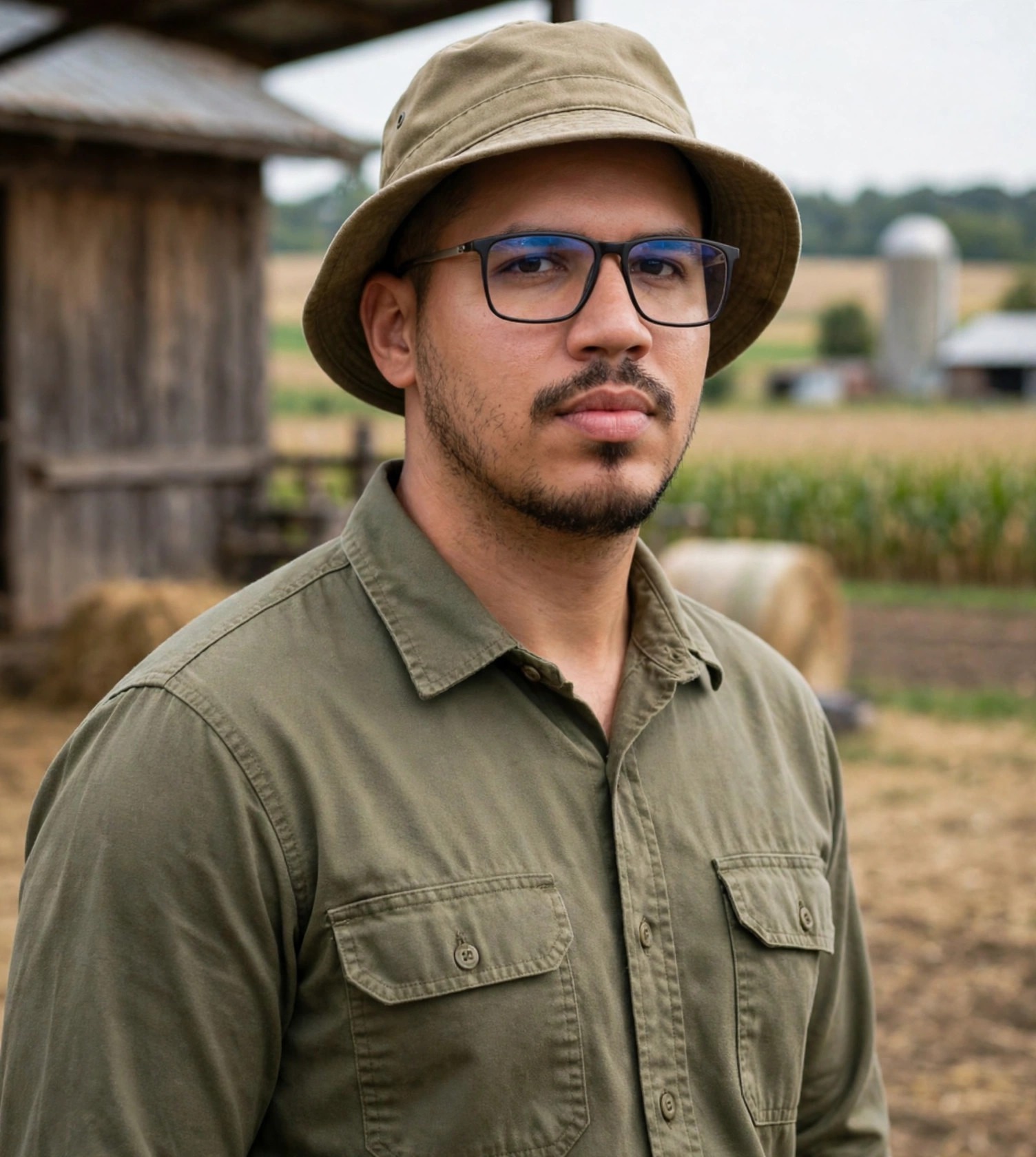Julio Junior guia de fazenda, camisa de campo com chapéu, fazenda ao fundo