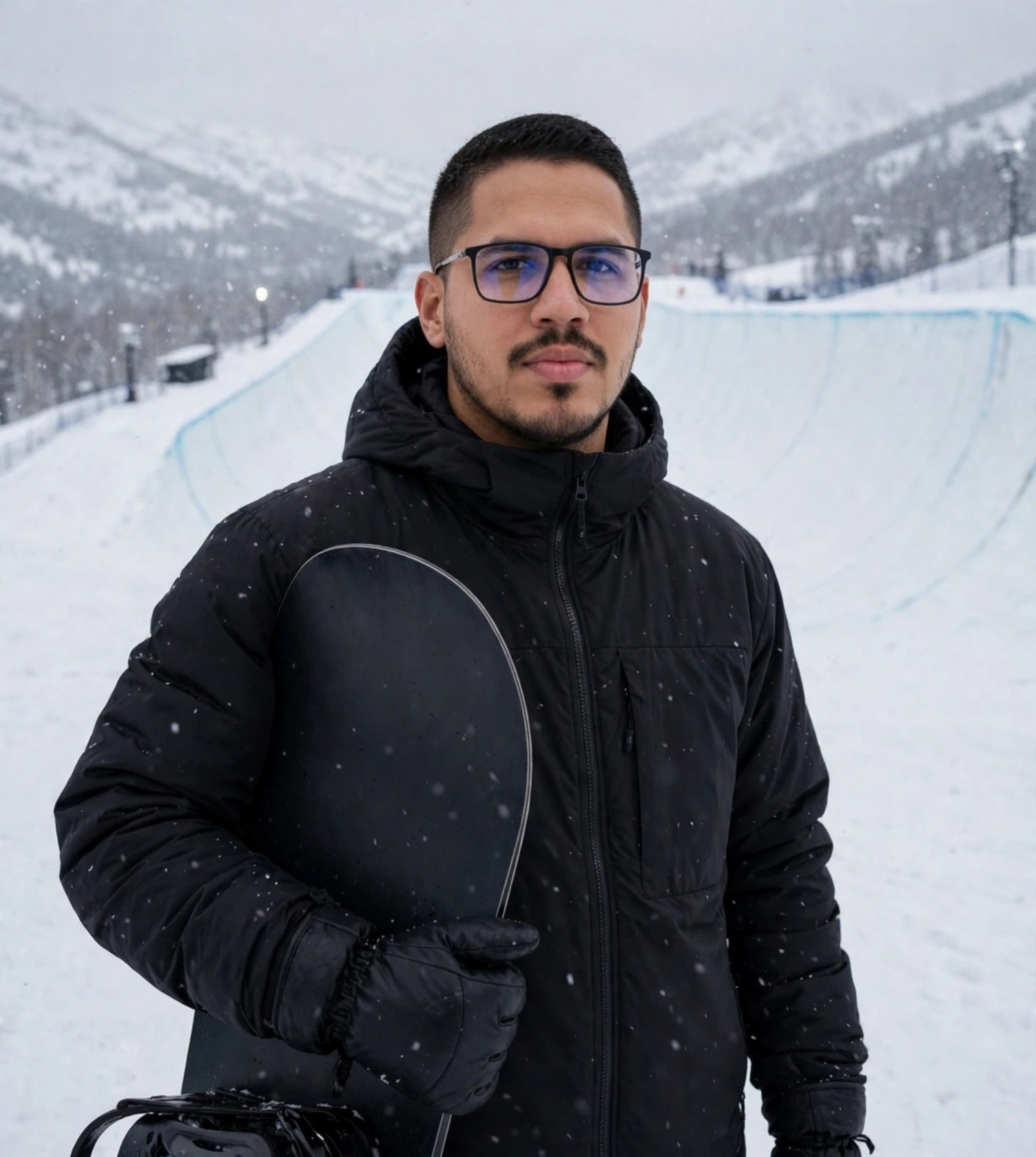Julio Junior técnico de snowboard, roupa de snowboard com prancha, halfpipe ao fundo