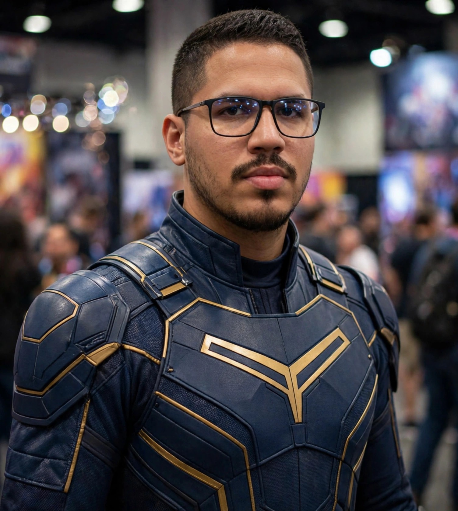 Julio Junior cosplayer, fantasia de super-herói, convenção ao fundo