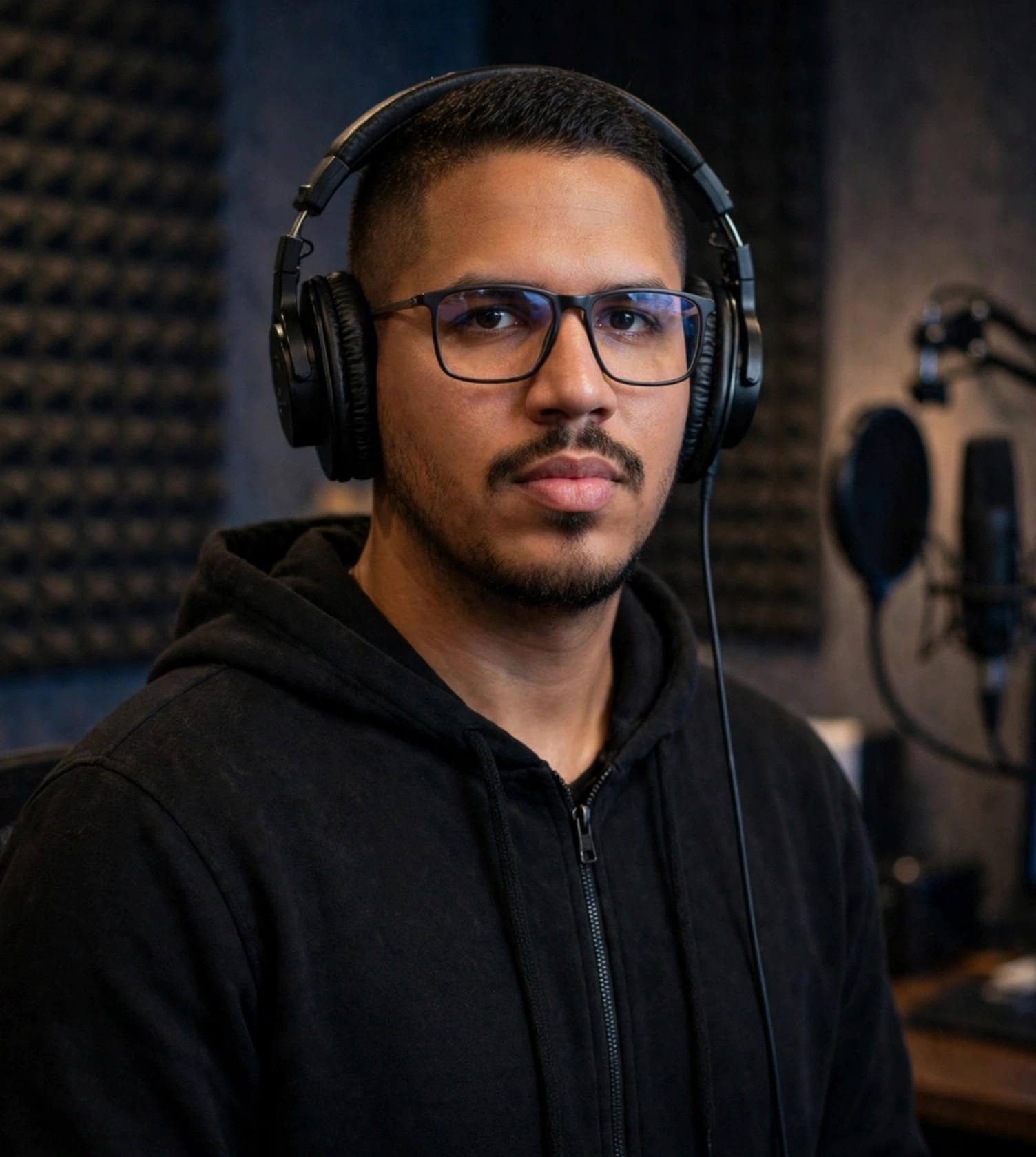 Julio Junior dublador de anime, fones de ouvido, estúdio de dublagem ao fundo