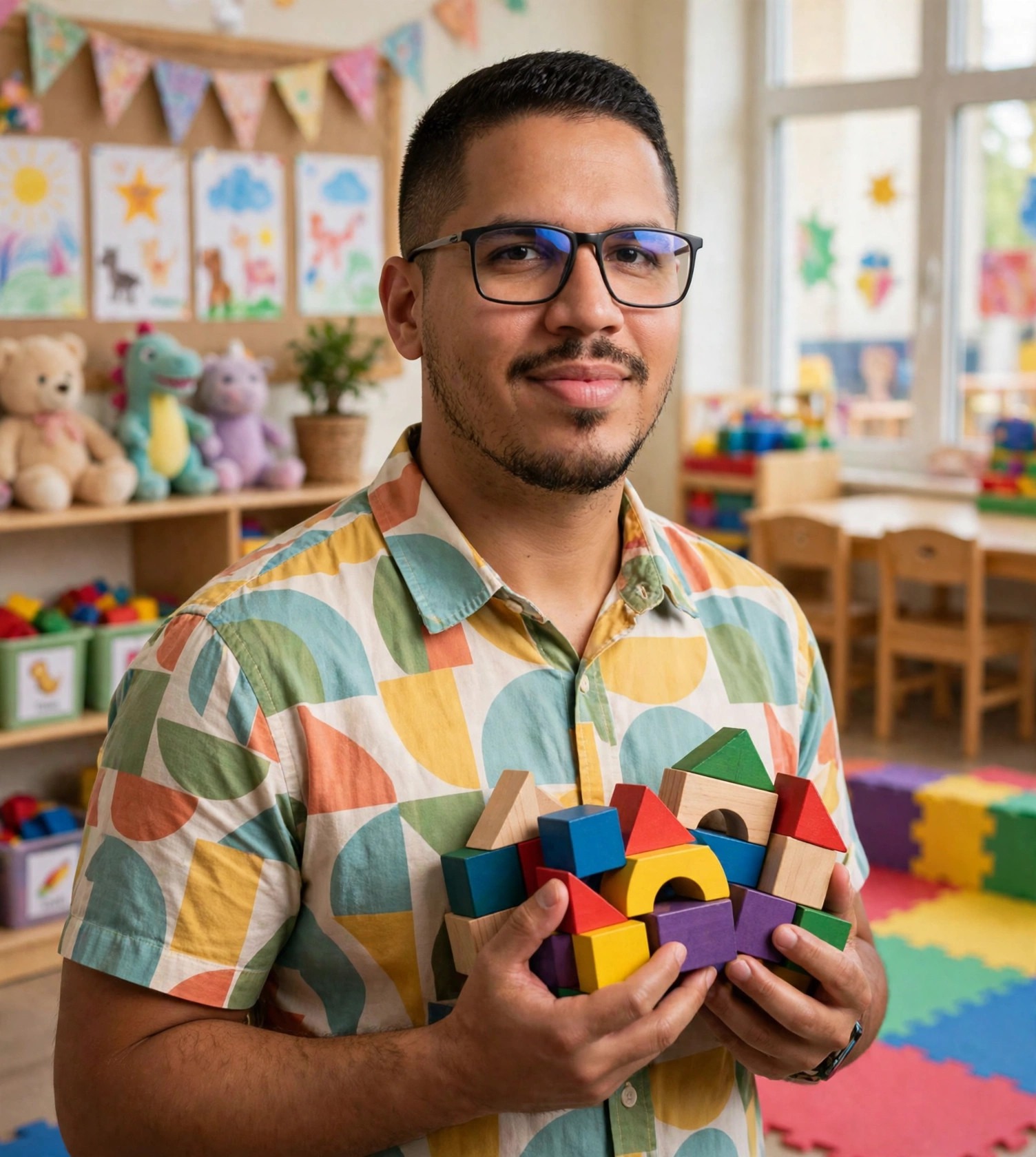 Julio Junior professor de educação infantil, camisa colorida com blocos de montar, sala de aula infantil ao fundo