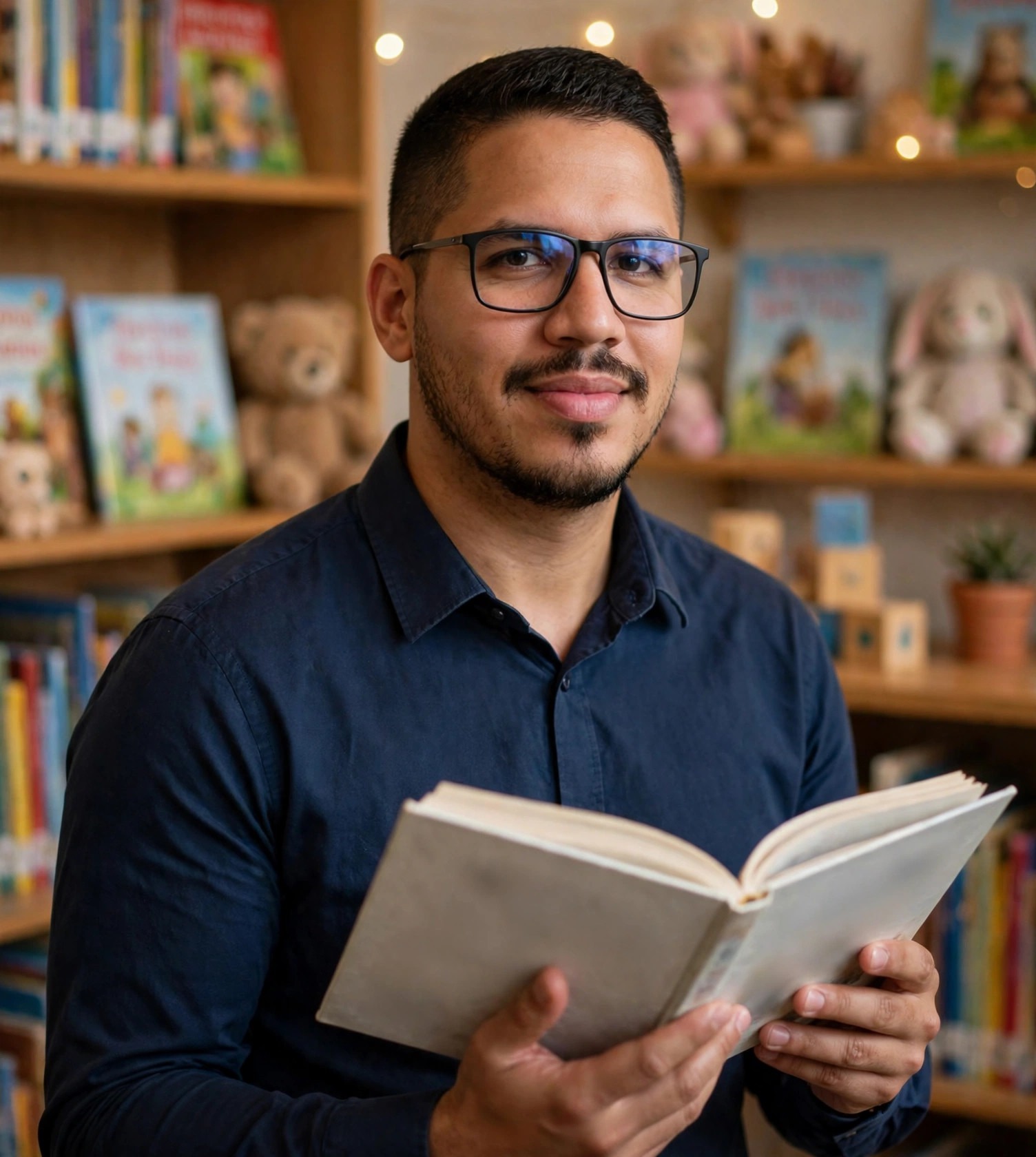 Julio Junior contador de histórias, camisa social com livro aberto, biblioteca infantil ao fundo