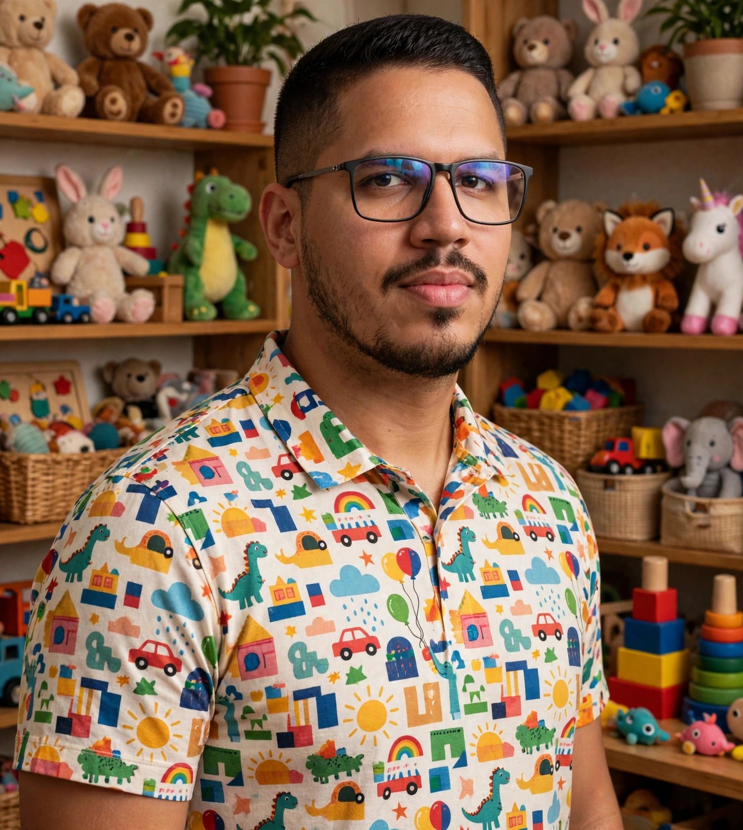 Julio Junior monitor de brinquedoteca, camisa colorida com brinquedos, brinquedoteca ao fundo