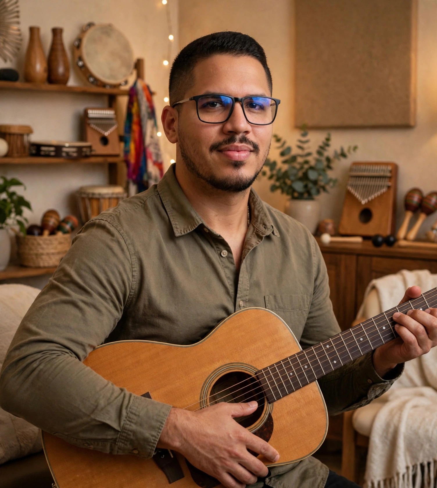 Julio Junior musicoterapeuta, camisa social com violão, sala de musicoterapia ao fundo