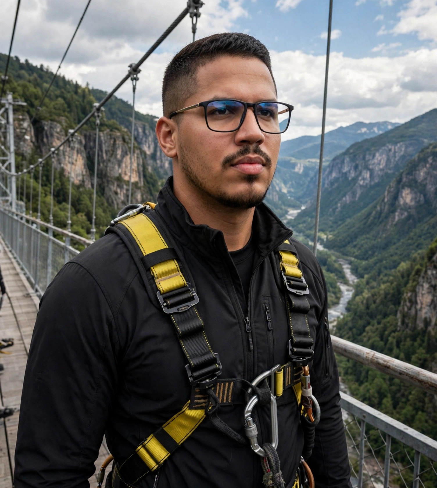 Julio Junior praticante de bungee jump, roupa esportiva com arnês, ponte ao fundo