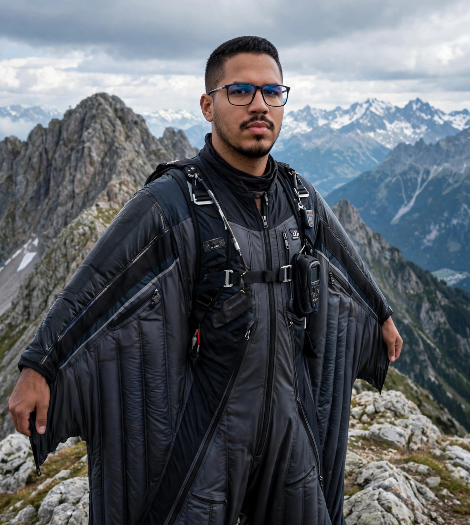 Julio Junior praticante de wingsuit, traje de wingsuit, montanha ao fundo