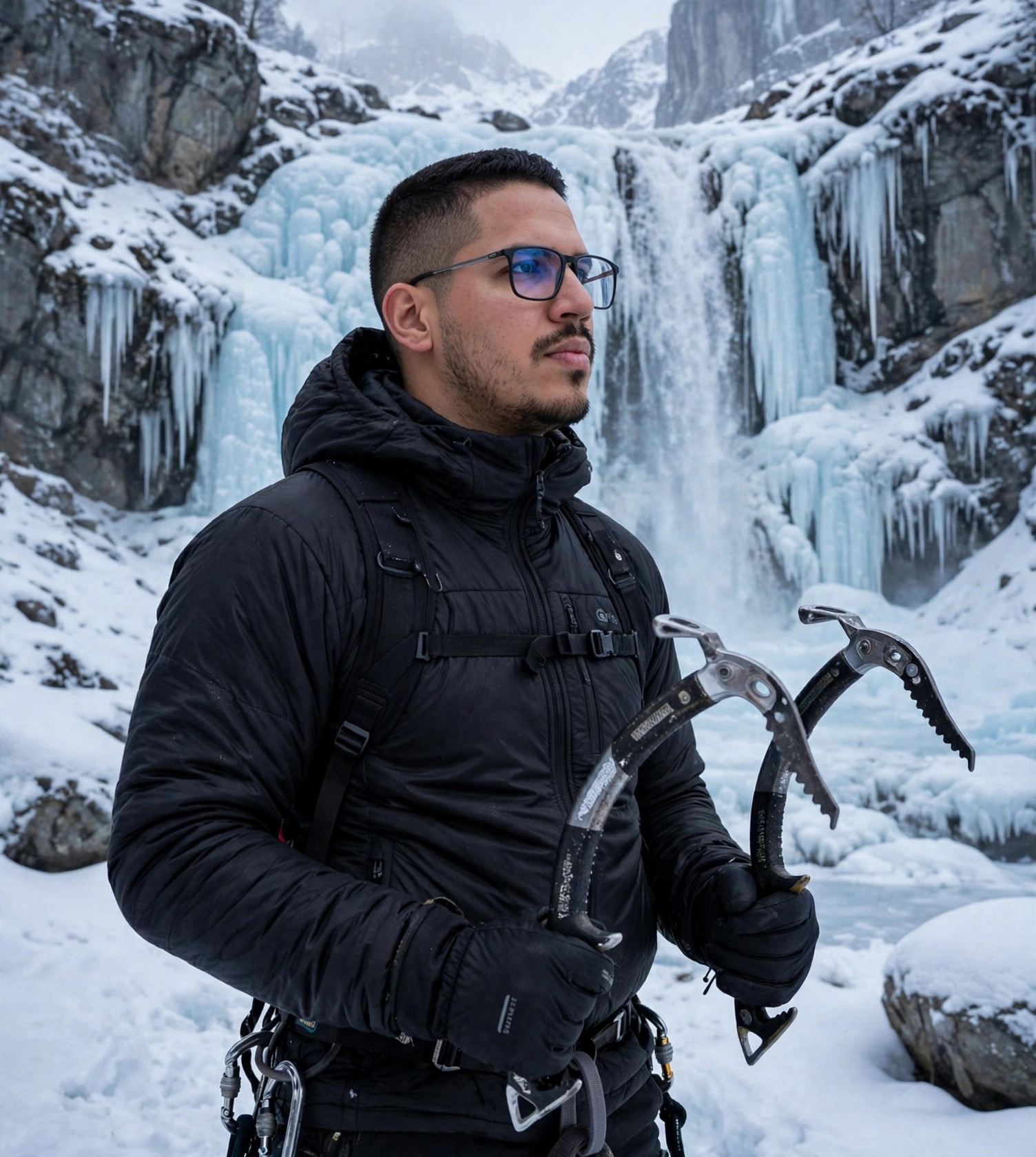 Julio Junior escalador de gelo, roupa de frio com piolets, cachoeira congelada ao fundo
