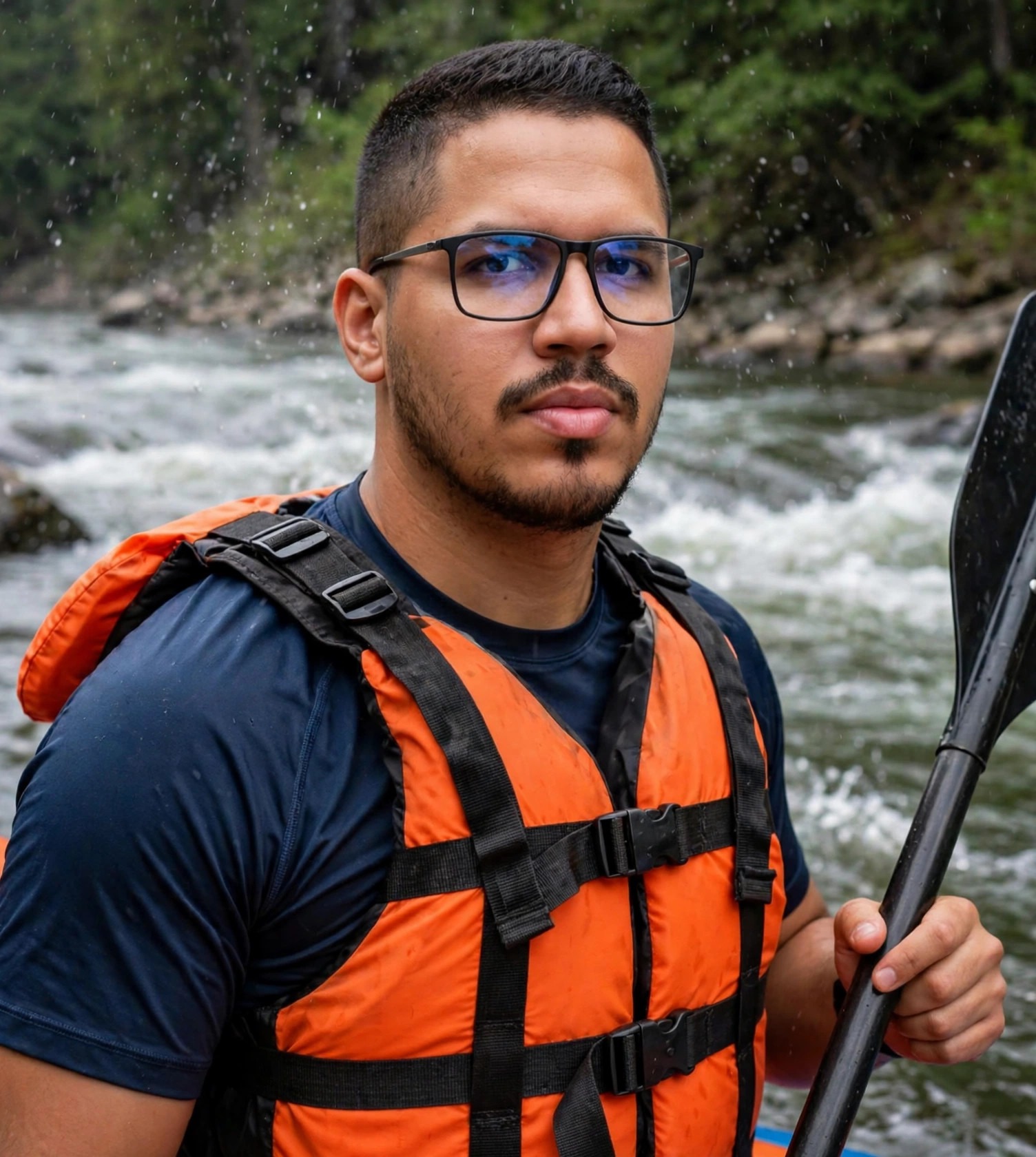 Julio Junior praticante de rafting, roupa esportiva com colete salva-vidas, corredeira ao fundo