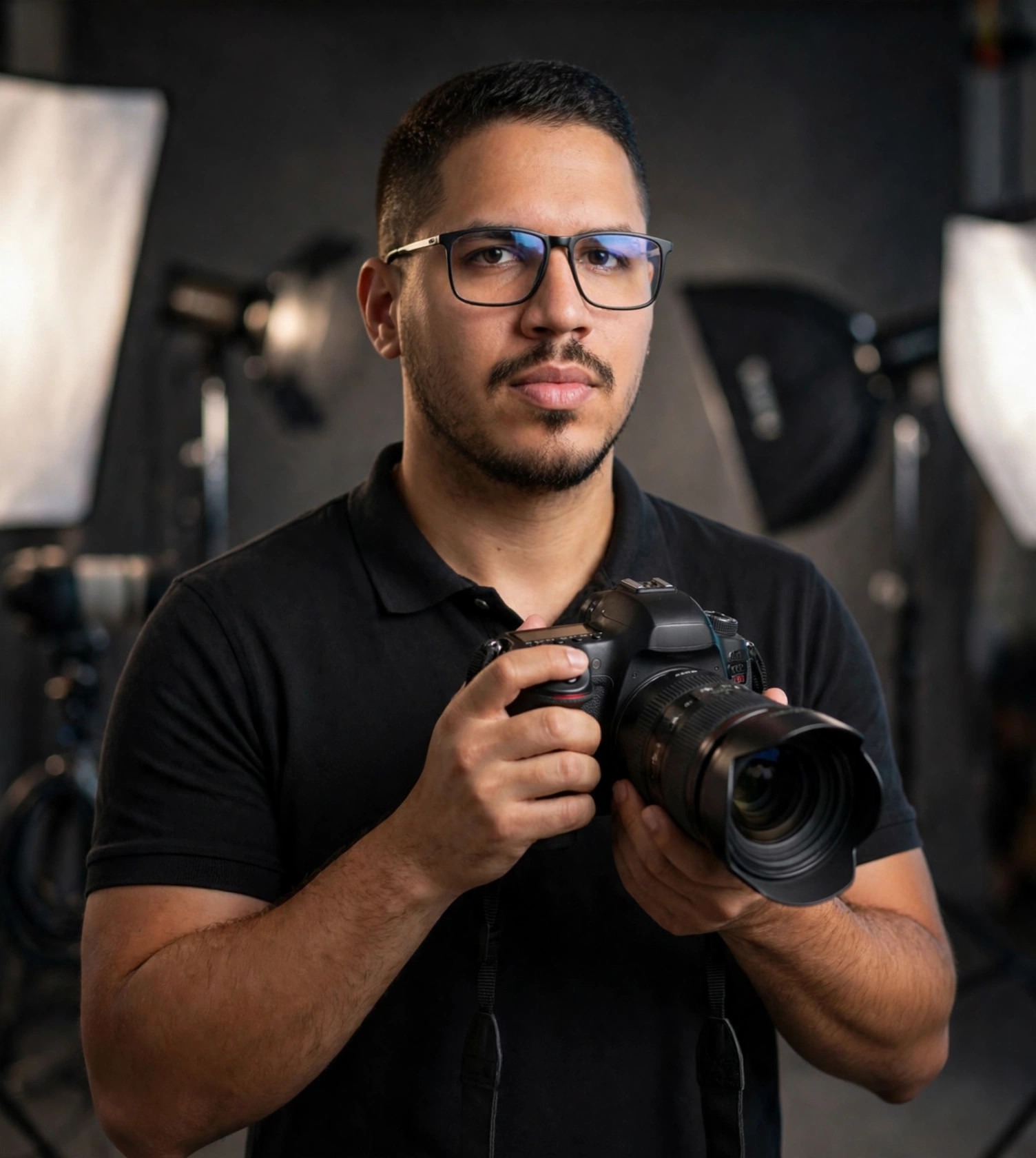 Julio Junior fotógrafo publicitário, camisa social com câmera, estúdio fotográfico ao fundo