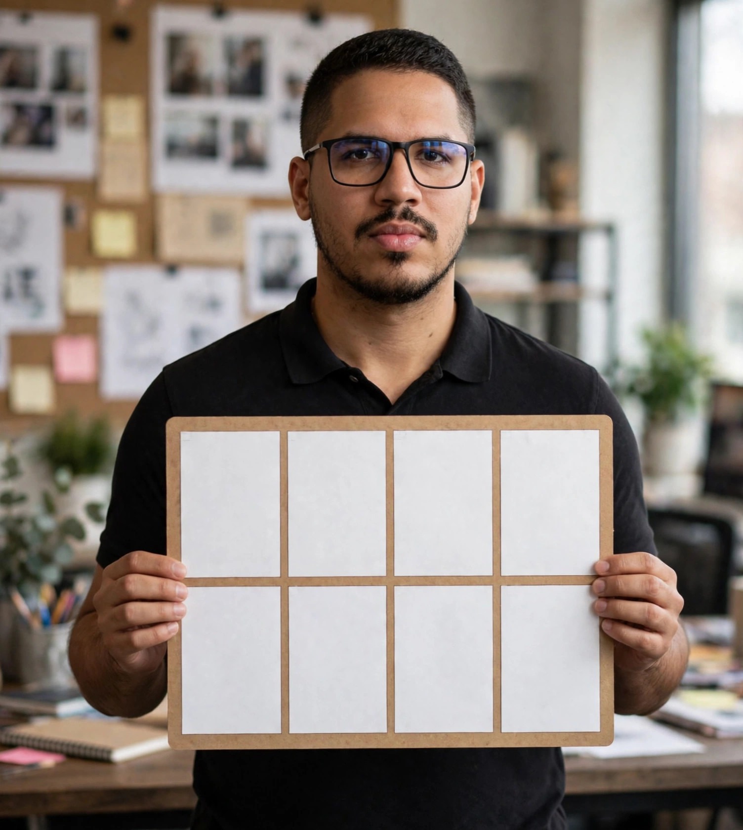 Julio Junior diretor de arte, camisa social com storyboard, agência ao fundo