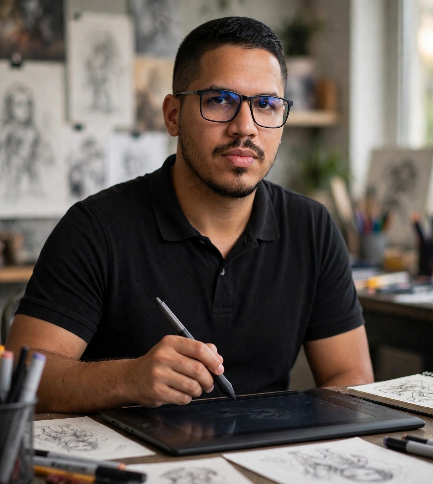 Julio Junior ilustrador digital, camisa social com mesa digitalizadora, ateliê ao fundo