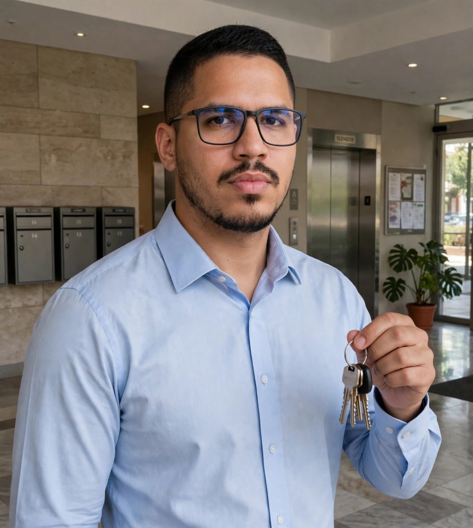 Julio Junior síndico, camisa social com chaves, hall de prédio ao fundo