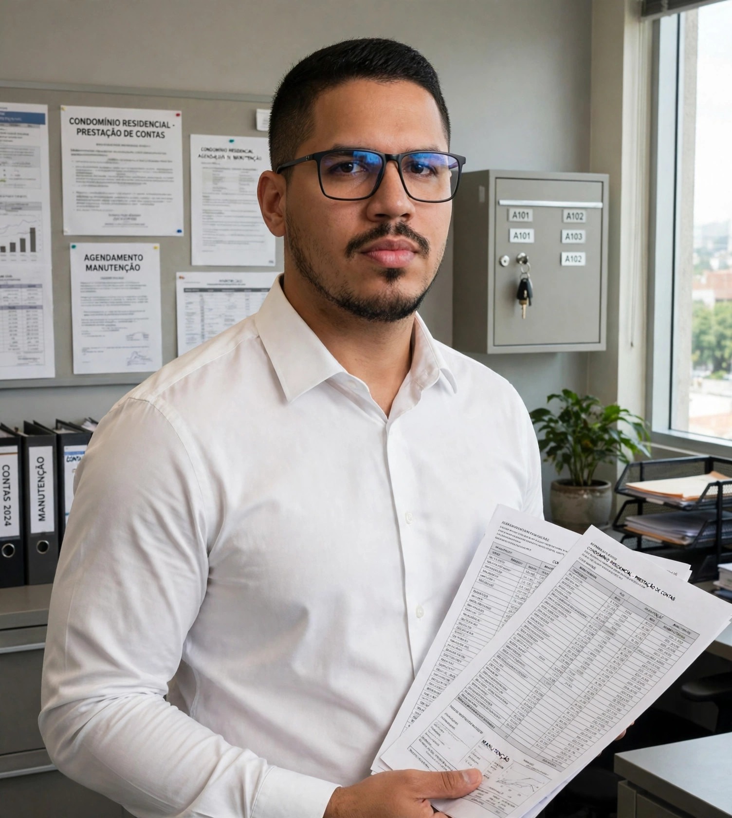 Julio Junior administrador de condomínio, camisa social com planilhas, sala de administração ao fundo