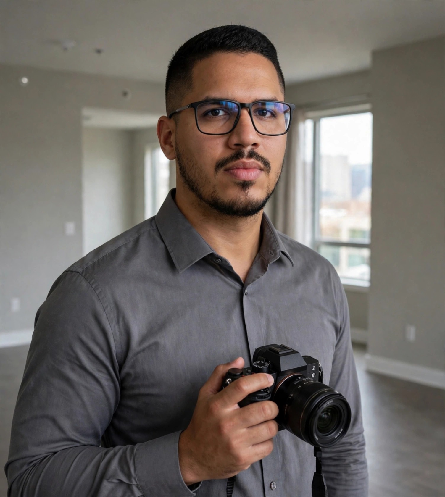 Julio Junior vistoriador de imóveis, camisa social com câmera, apartamento vazio ao fundo