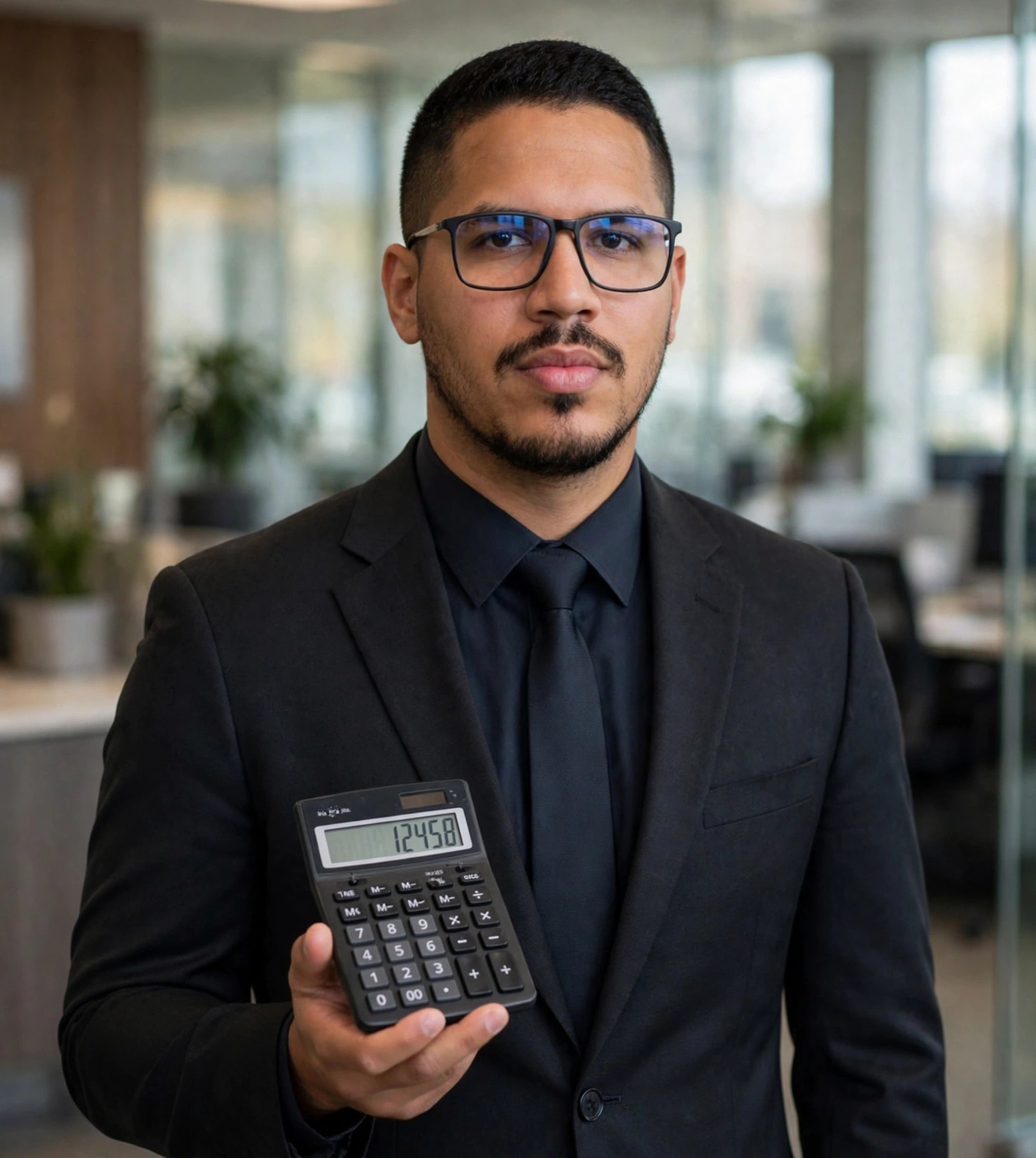 Julio Junior consultor de financiamento habitacional, terno com calculadora, escritório bancário ao fundo
