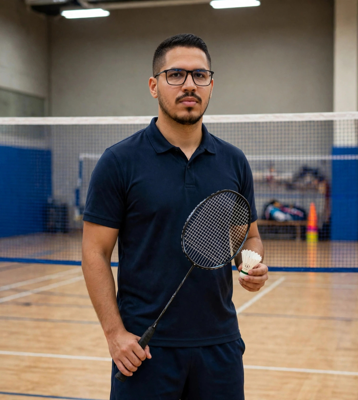 Julio Junior jogador de badminton, polo azul-marinho, raquete e peteca nas mãos, quadra de badminton ao fundo