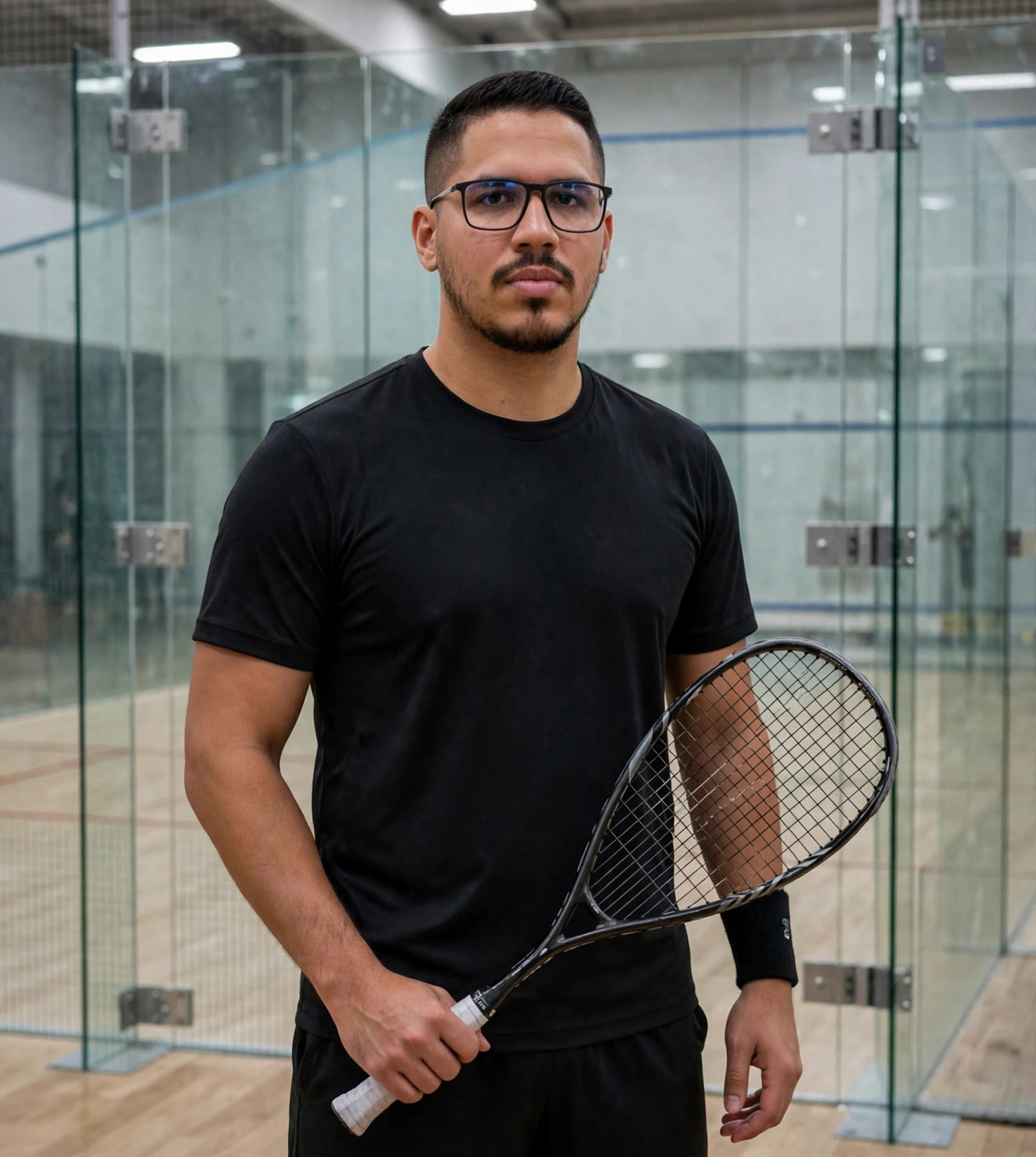 Julio Junior jogador de squash, camiseta preta esportiva, raquete na mão, quadra de squash com paredes de vidro ao fundo