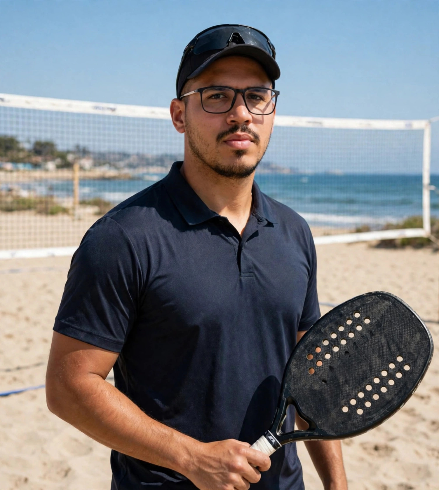 Julio Junior jogador de beach tennis, polo azul-marinho com boné, raquete de praia na mão, quadra de areia e mar ao fundo