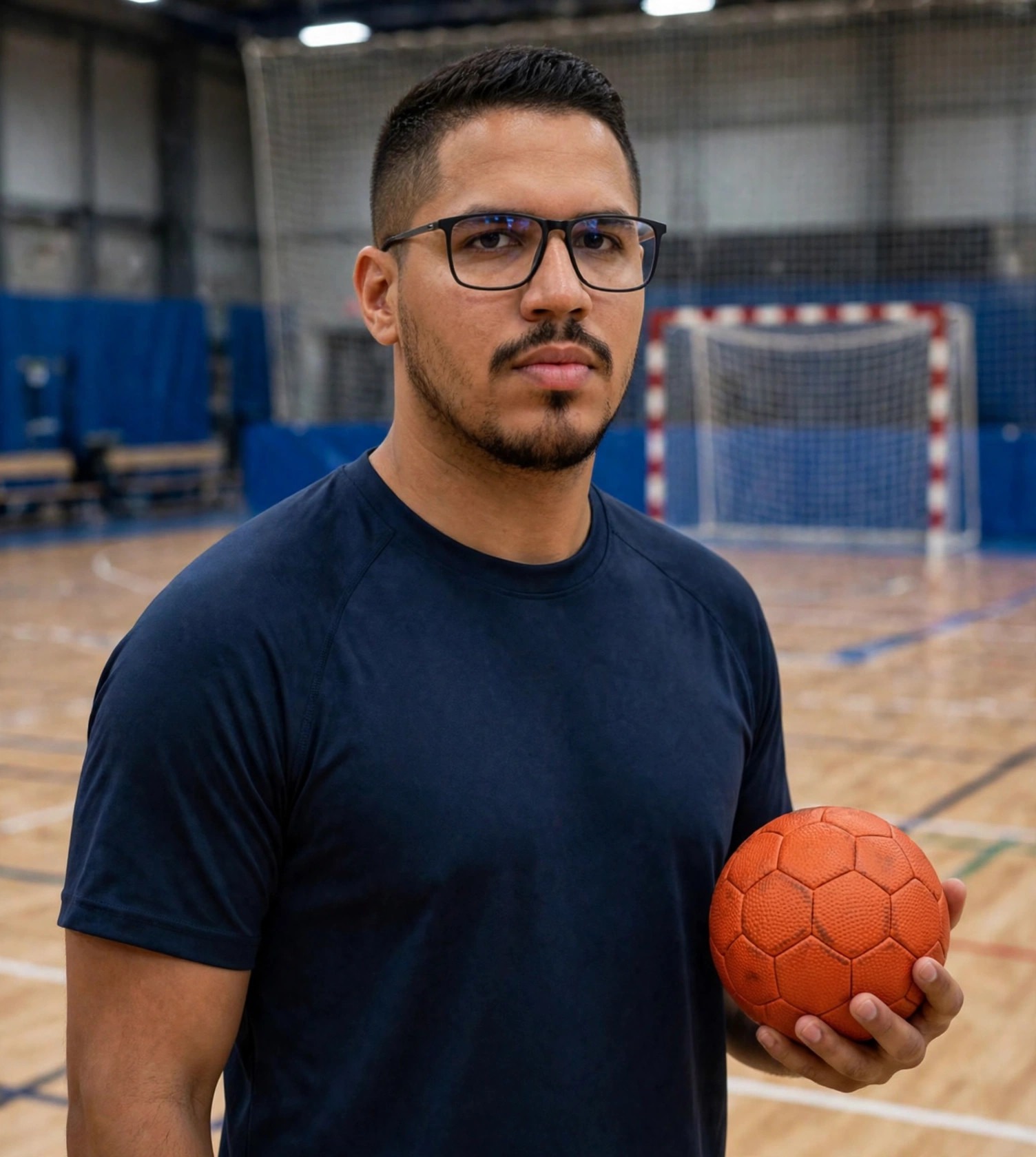 Julio Junior jogador de handebol, uniforme azul-marinho sem texto, bola de handebol na mão, quadra de handebol com gol ao fundo