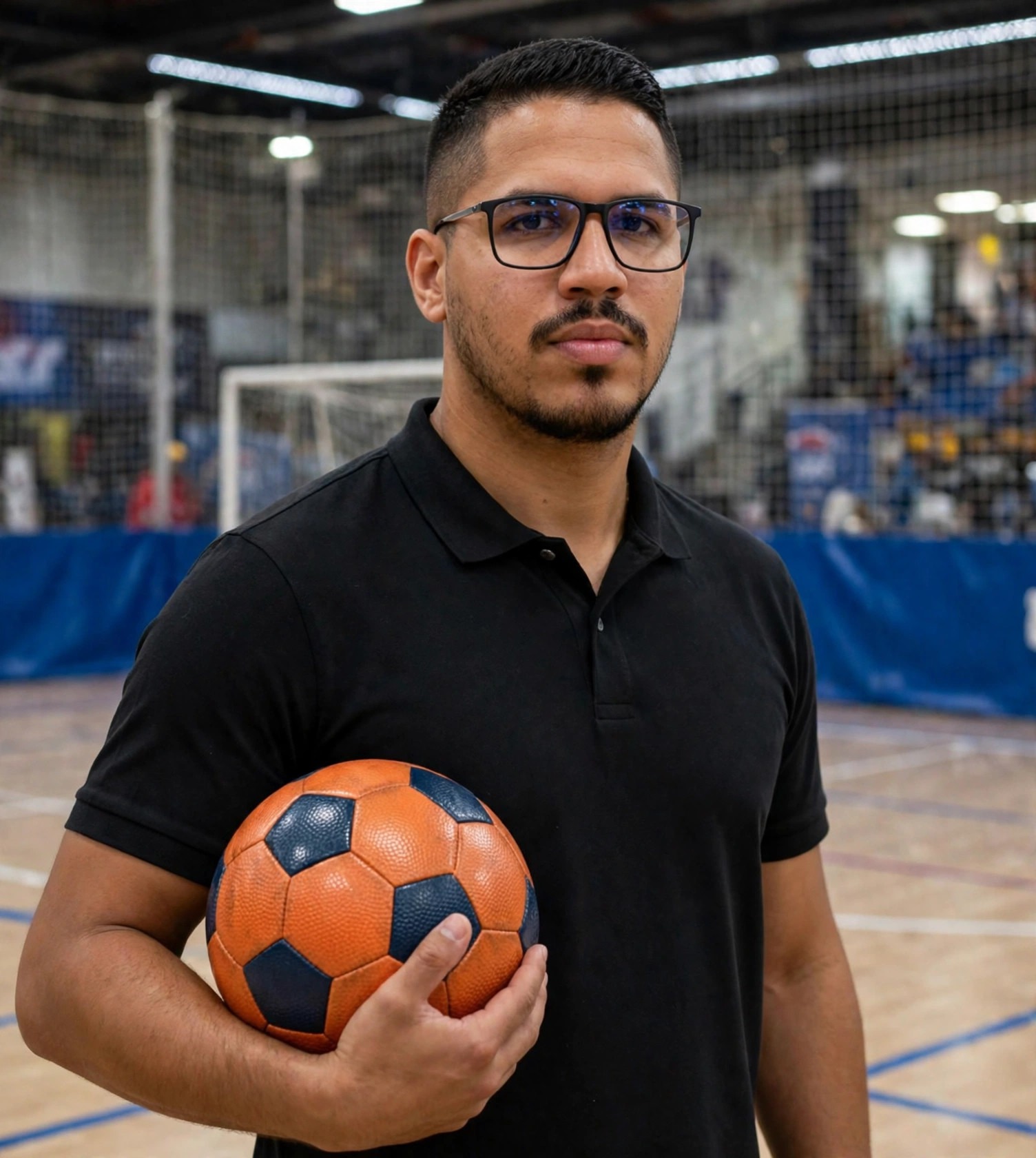 Julio Junior jogador de futsal, polo preto sem texto, bola de futsal na mão, quadra de futsal com gol ao fundo