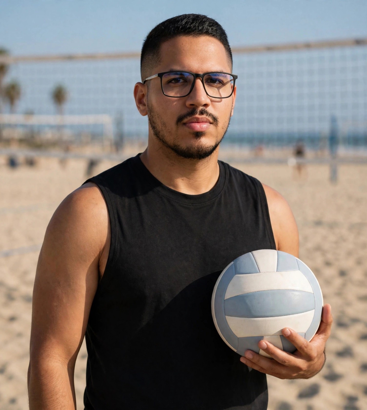 Julio Junior jogador de vôlei de praia, regata preta sem texto, bola de vôlei na mão, quadra de areia com rede ao fundo