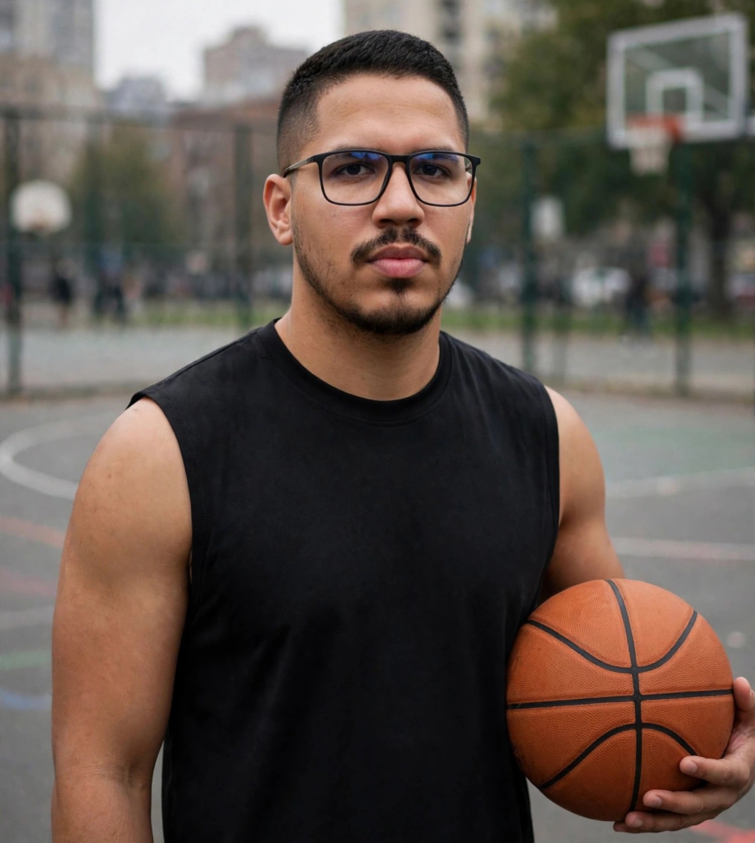 Julio Junior jogador de basquete de rua, regata preta sem texto, bola de basquete na mão, quadra de rua com tabela ao fundo