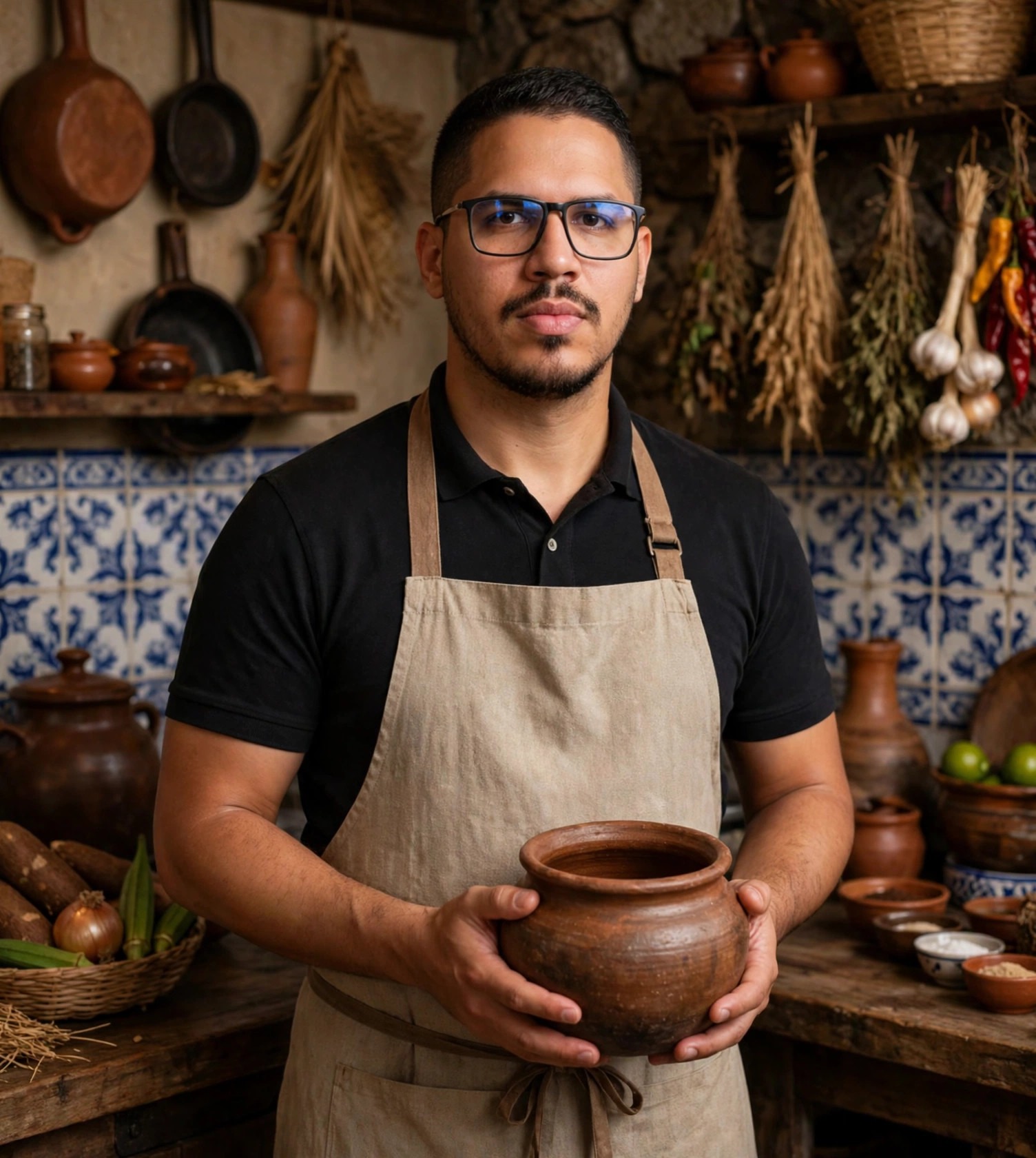 Julio Junior cozinheiro de comida nordestina, avental bege sem texto, panela de barro nas mãos, cozinha regional ao fundo