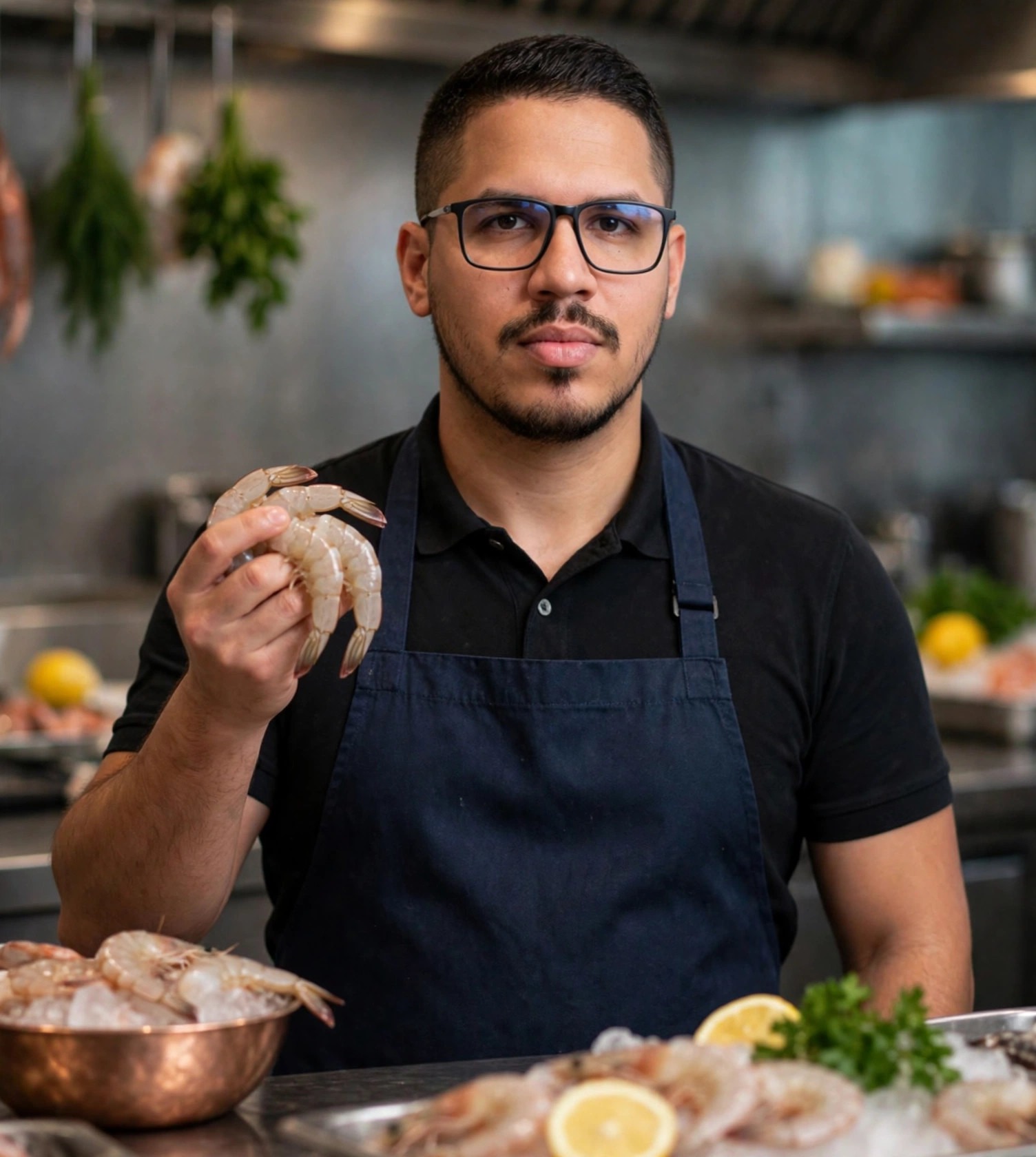 Julio Junior chef de frutos do mar, avental azul sem texto, camarões na mão, cozinha de frutos do mar ao fundo