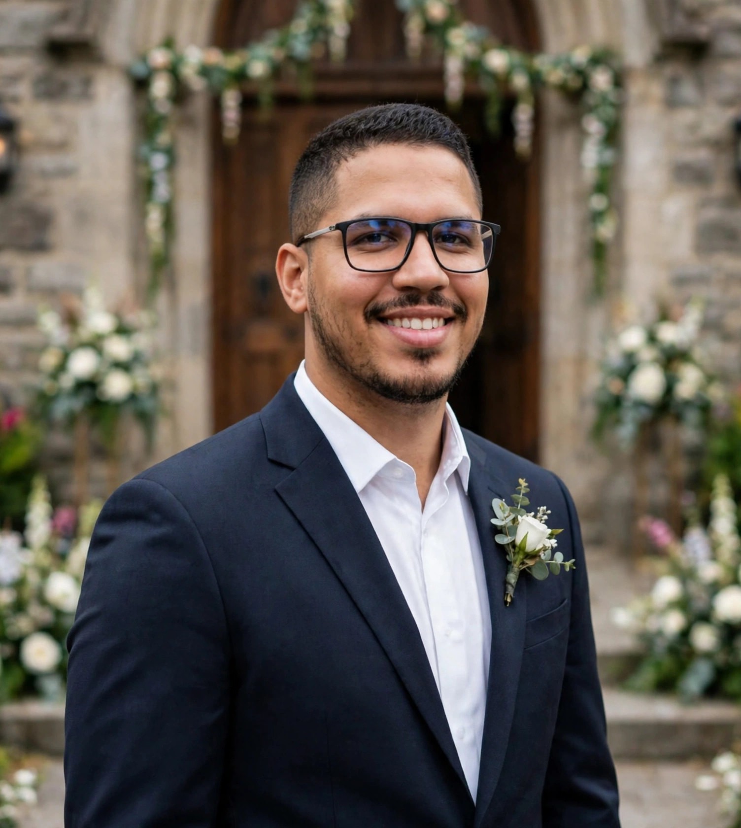 Julio Junior padrinho de casamento, terno escuro com boutonniere, igreja decorada ao fundo