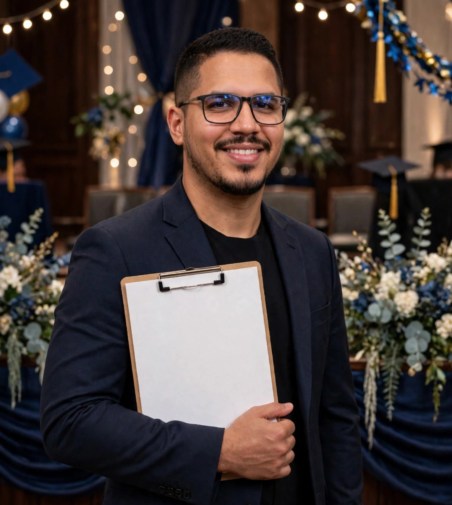 Julio Junior organizador de formatura, terno escuro, prancheta em branco na mão, auditório decorado ao fundo