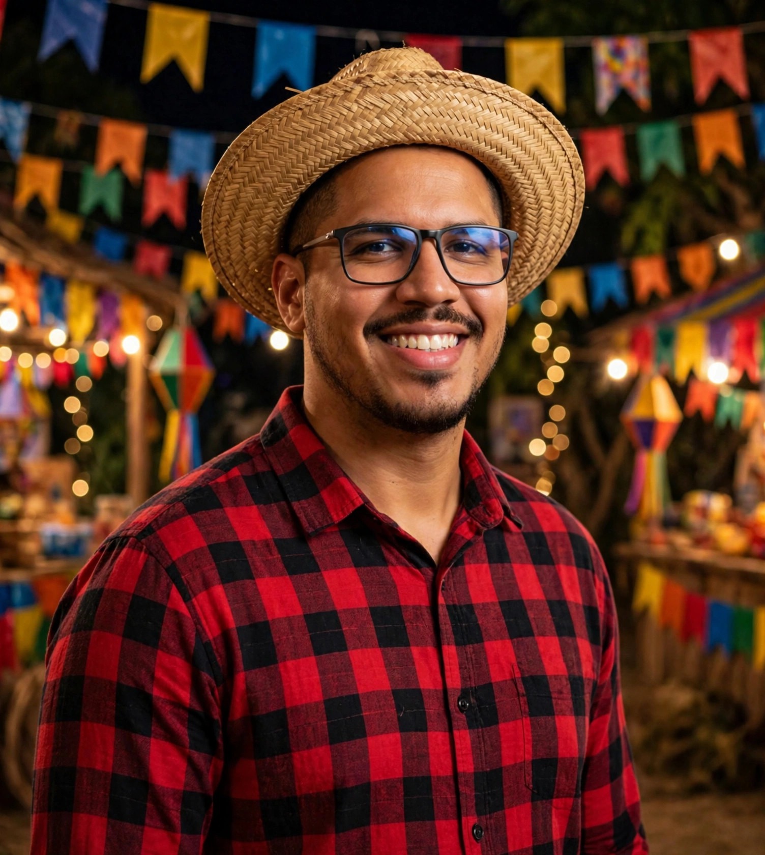 Julio Junior animador de festa junina, camisa xadrez vermelha e preta, chapéu de palha, arraiá ao fundo