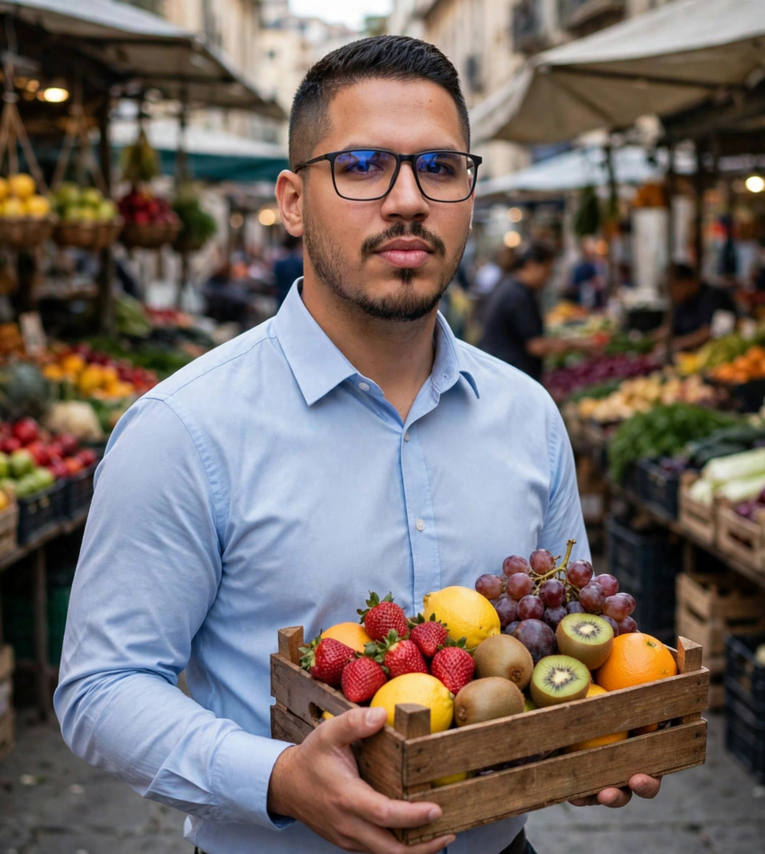Julio Junior feirante de frutas, camisa social azul-clara, caixa de frutas nas mãos, feira livre ao fundo