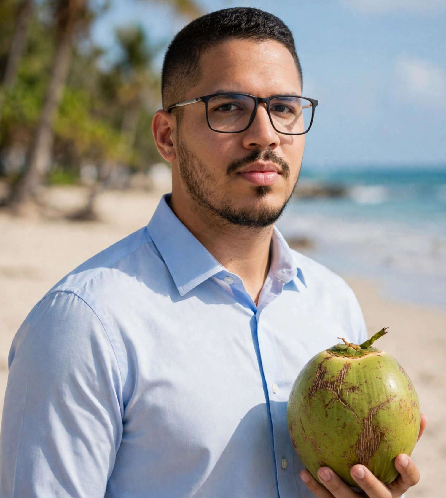 Julio Junior vendedor de água de coco, camisa social azul-clara, coco verde na mão, praia ao fundo