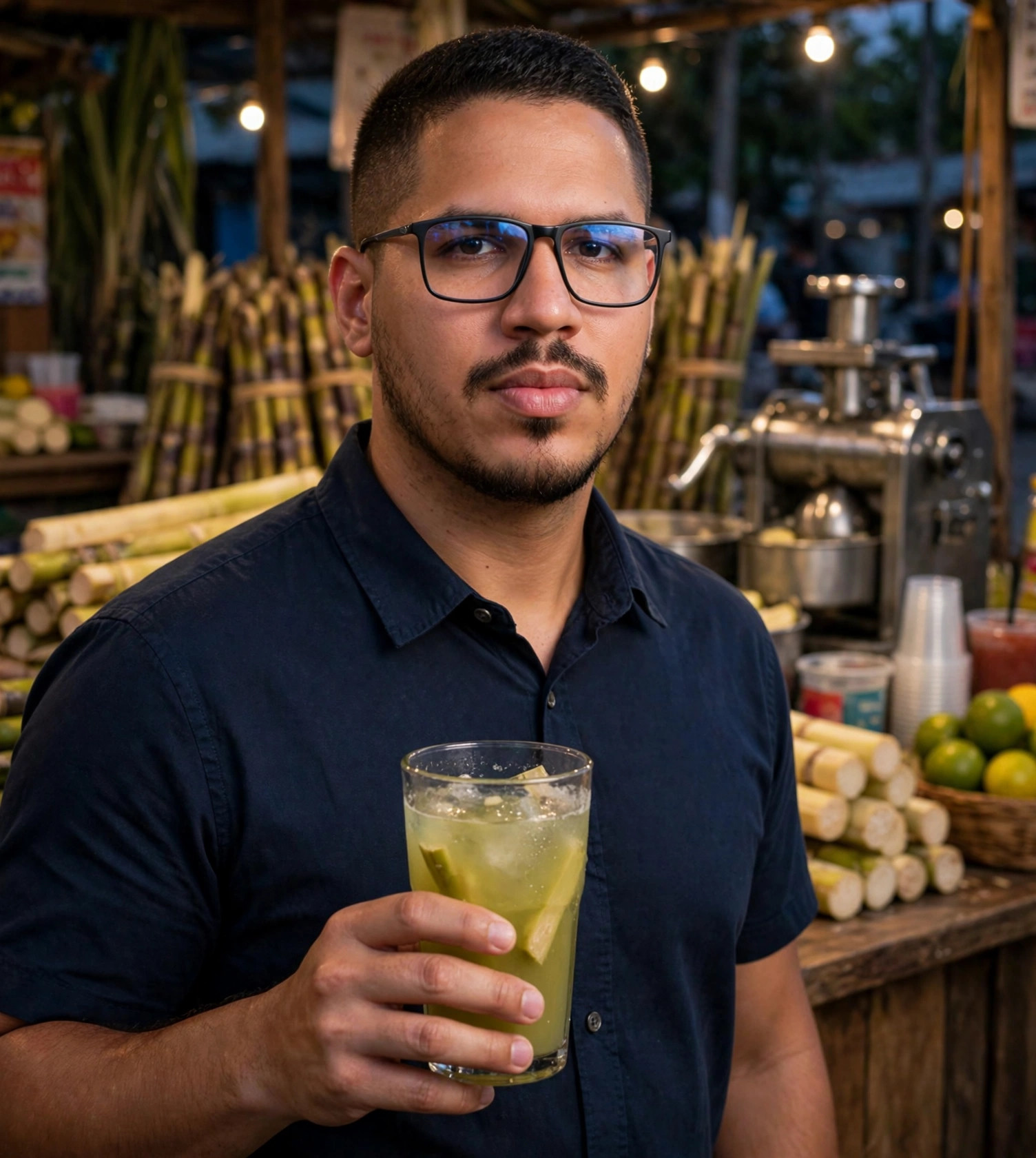 Julio Junior vendedor de caldo de cana, camisa social azul-marinho, copo de caldo de cana na mão, barraca de caldo de cana ao fundo