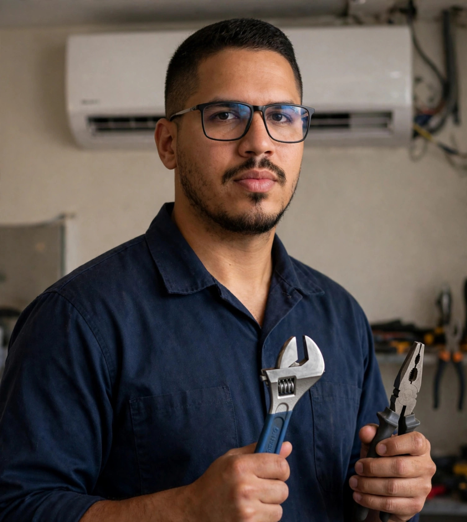Julio Junior técnico de instalação de ar-condicionado, uniforme azul-marinho sem texto, ferramentas na mão, sala com ar-condicionado ao fundo