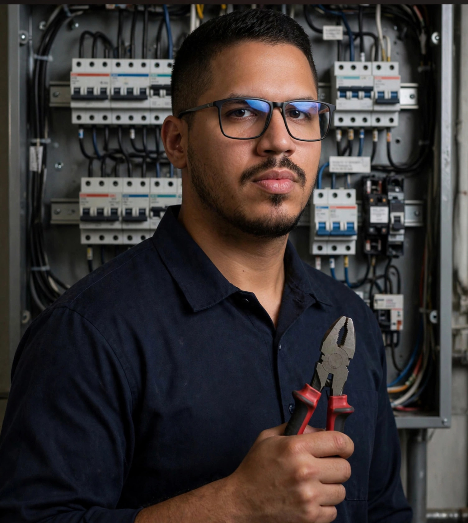 Julio Junior eletricista predial, uniforme azul-marinho sem texto, alicate na mão, quadro elétrico ao fundo
