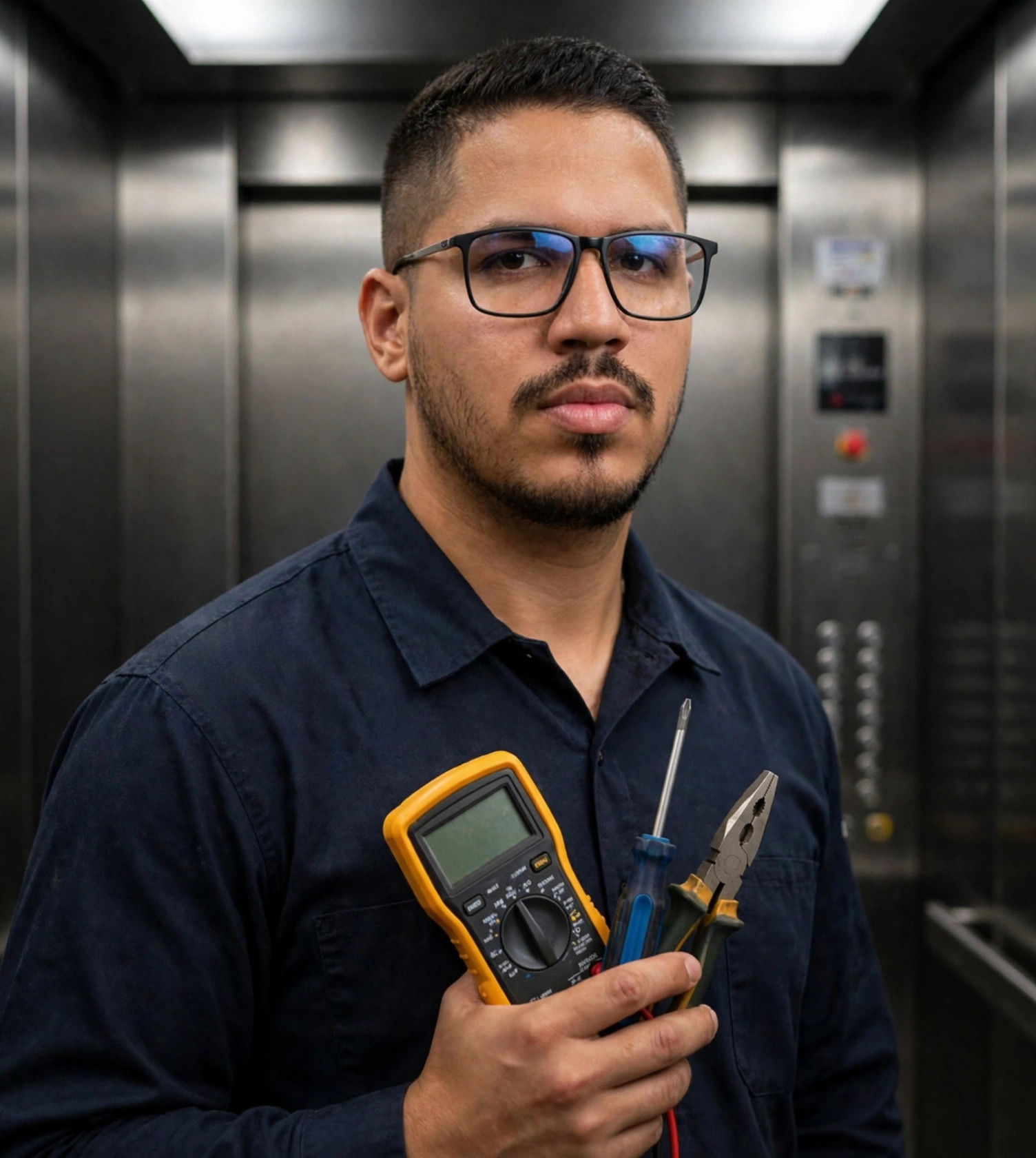 Julio Junior técnico de elevadores, uniforme azul-marinho sem texto, multímetro e ferramentas na mão, cabine de elevador ao fundo