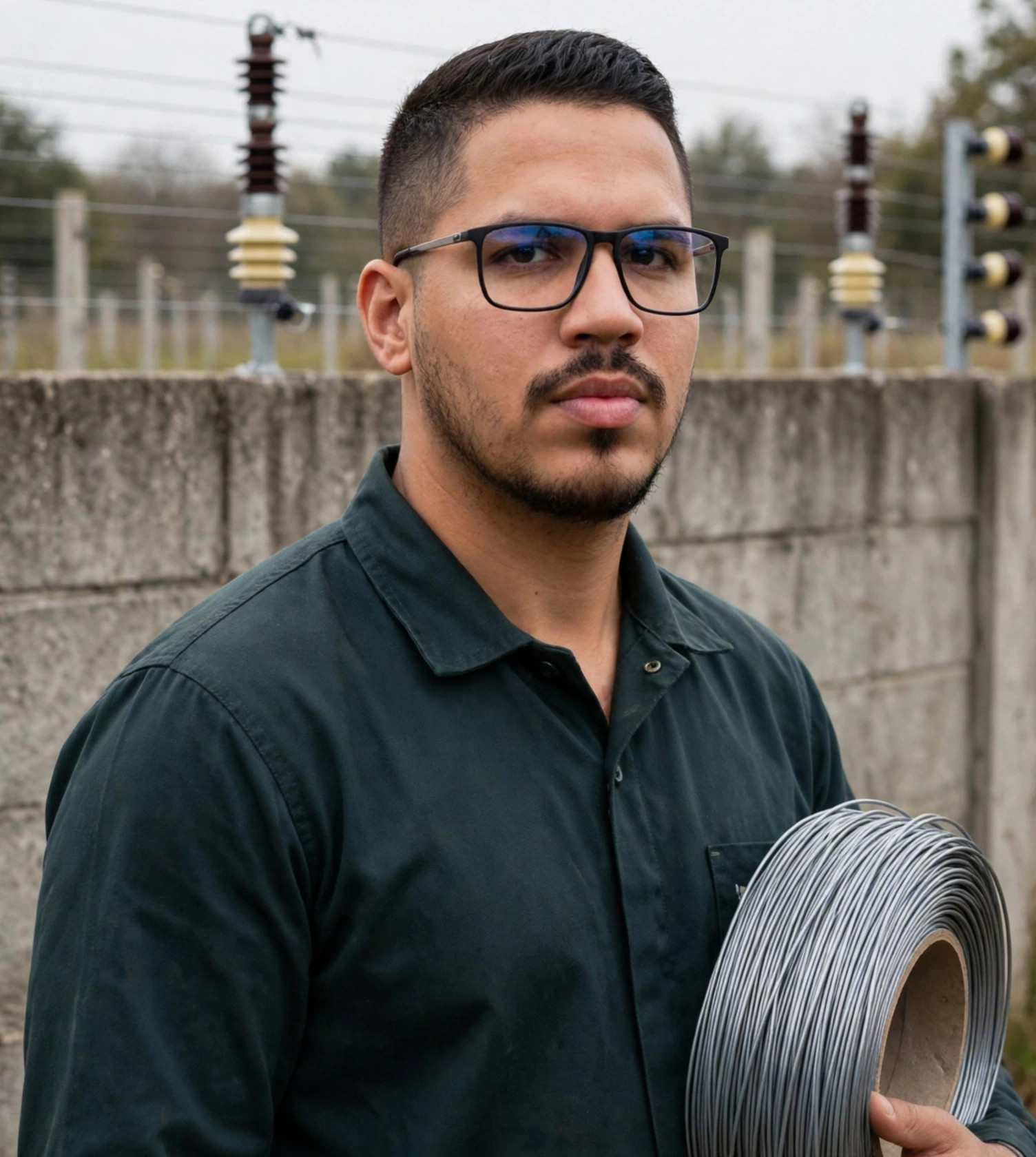 Julio Junior instalador de cercas elétricas, uniforme verde-escuro sem texto, rolo de arame na mão, muro com cerca elétrica ao fundo